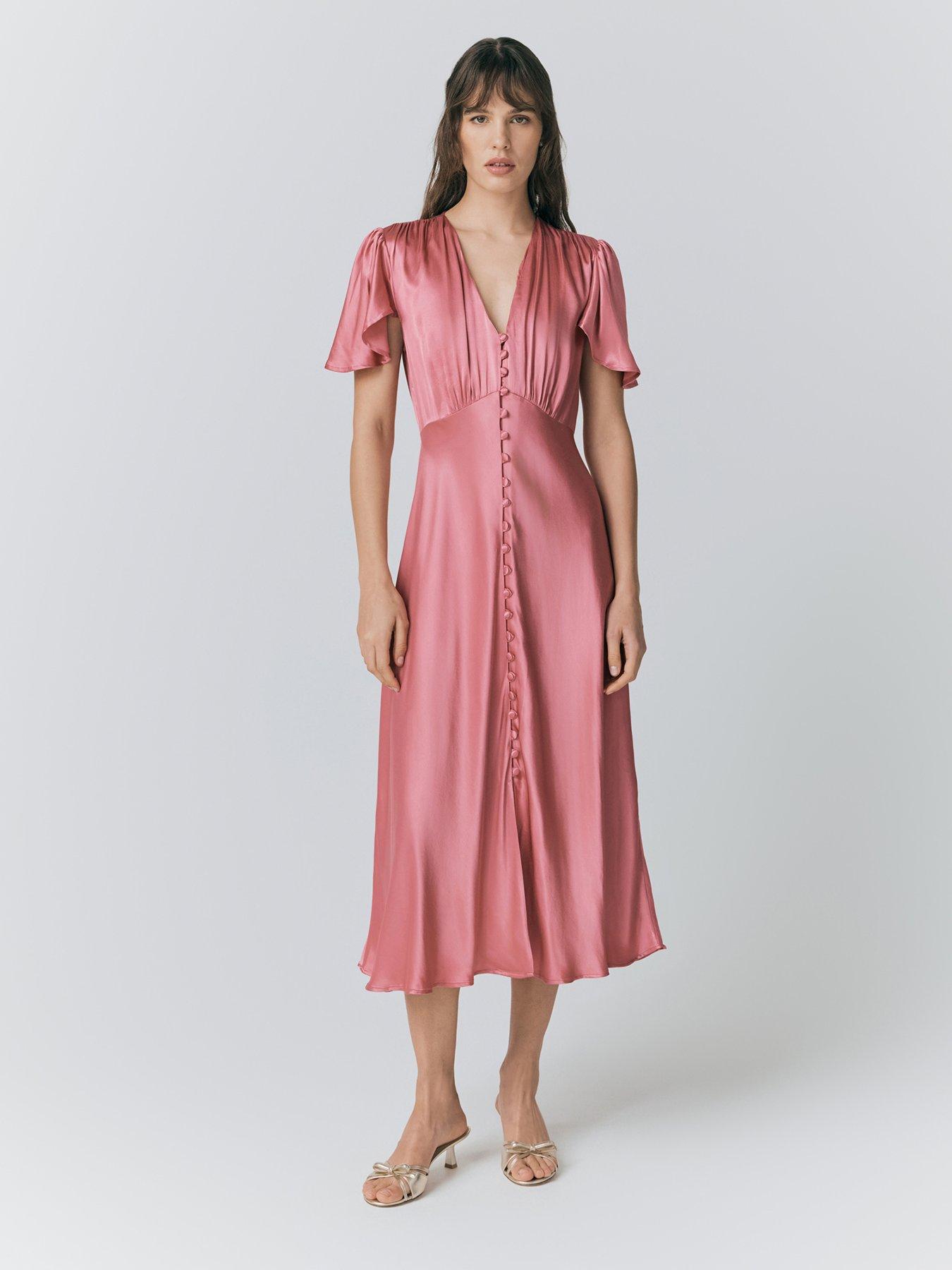 undefined Grace Satin Button V-Neck Dress - Rose