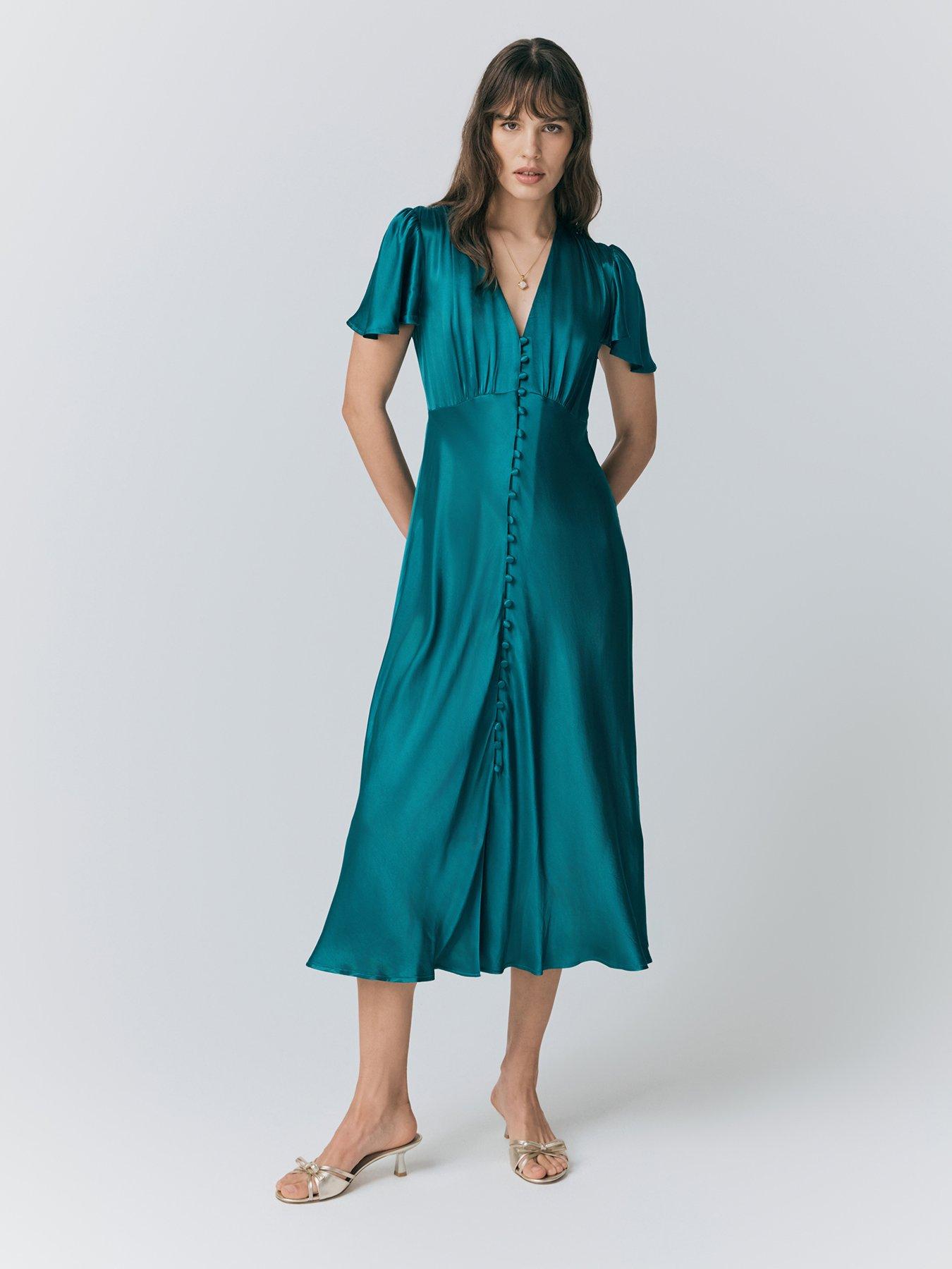 undefined Grace Satin Button V-Neck Dress - Emerald Sea