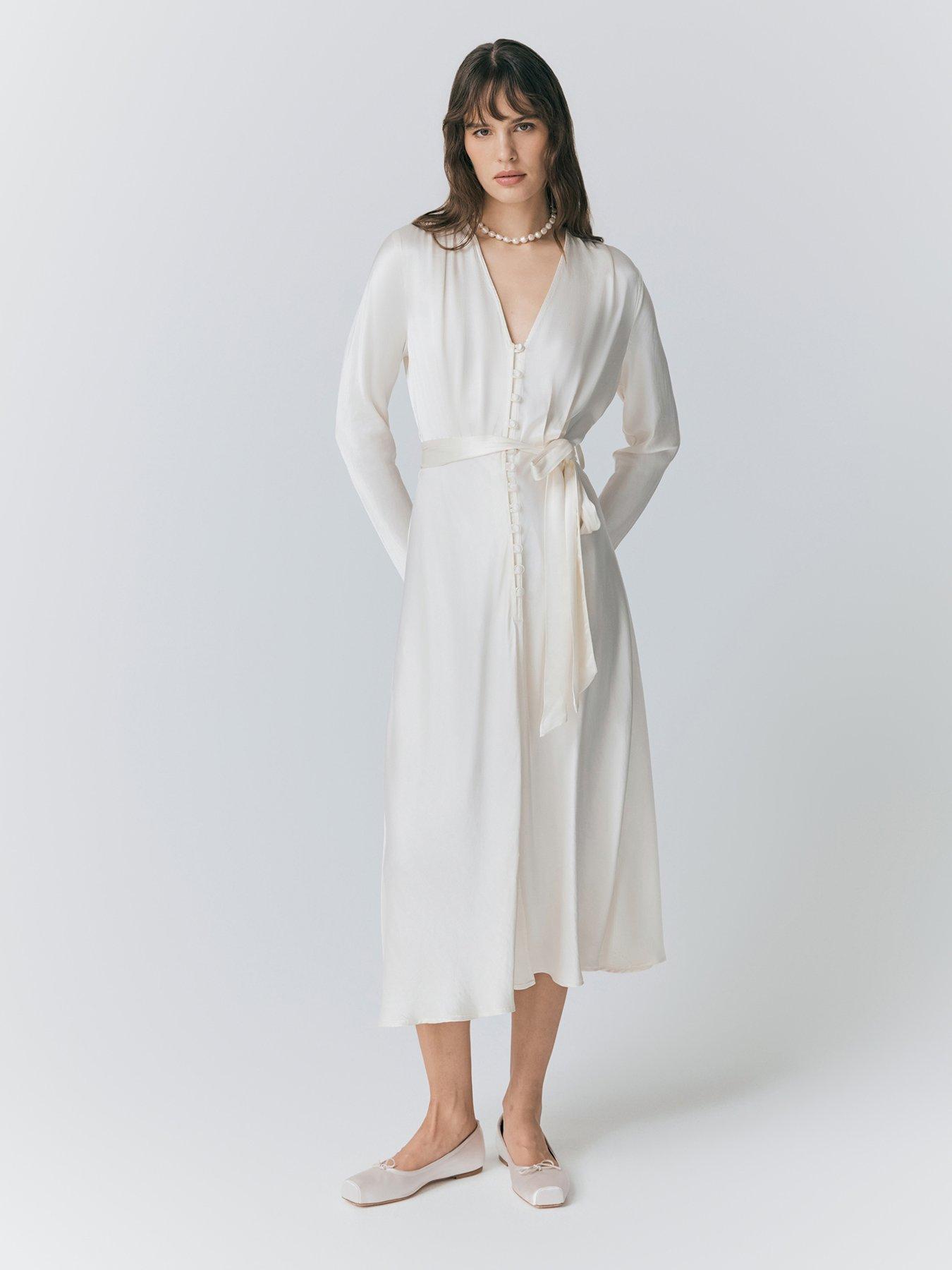 undefined Meryl Satin Belted Midi Dress - Ivory