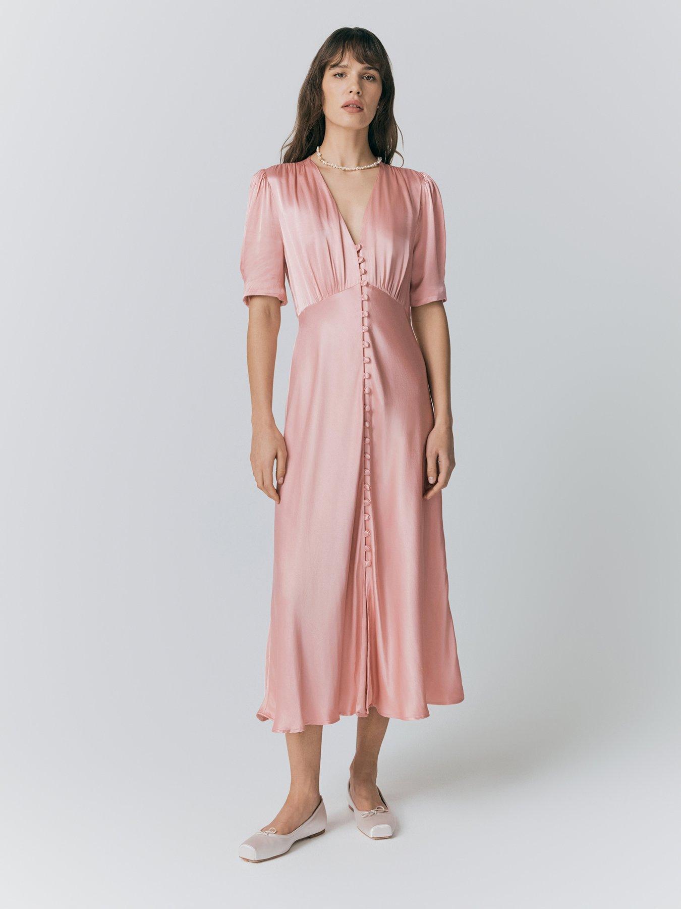 undefined Madison Satin Button Through Dress - Light Pink