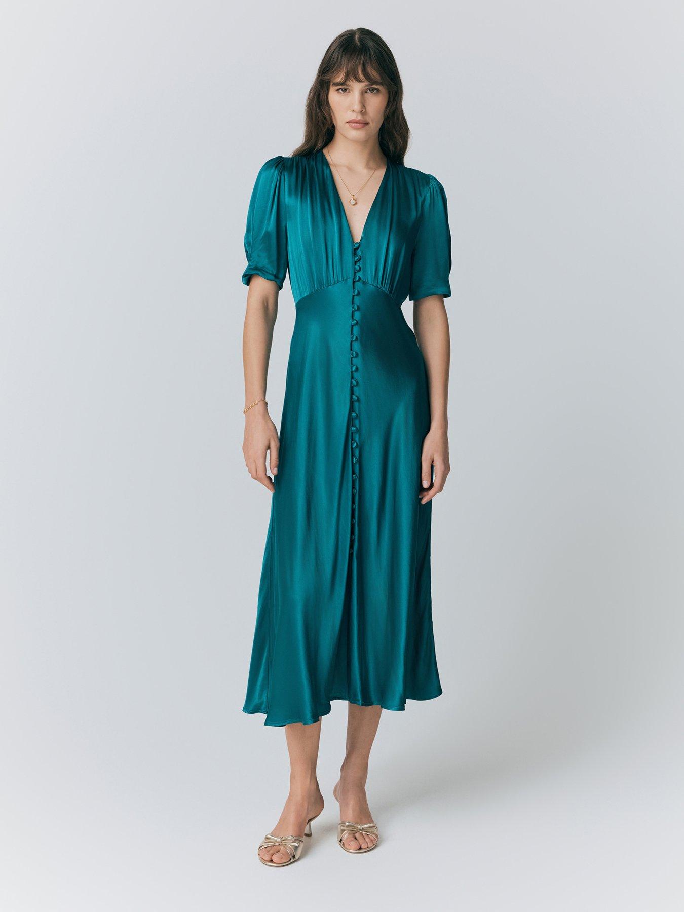 Ghost Madison Satin Button Through Dress - Emerald Sea | Littlewoods