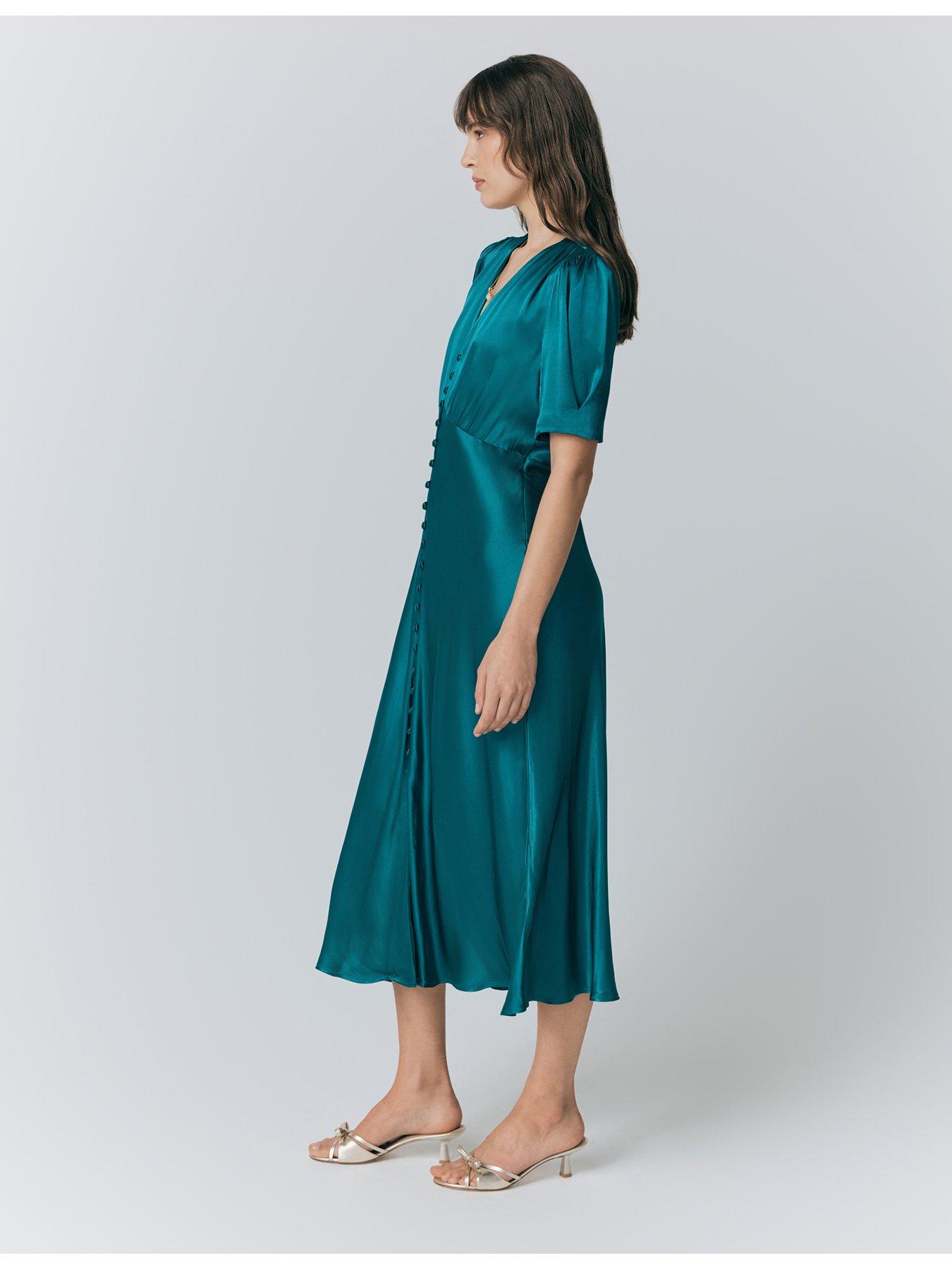 Ghost Madison Satin Button Through Dress - Emerald Sea | Littlewoods