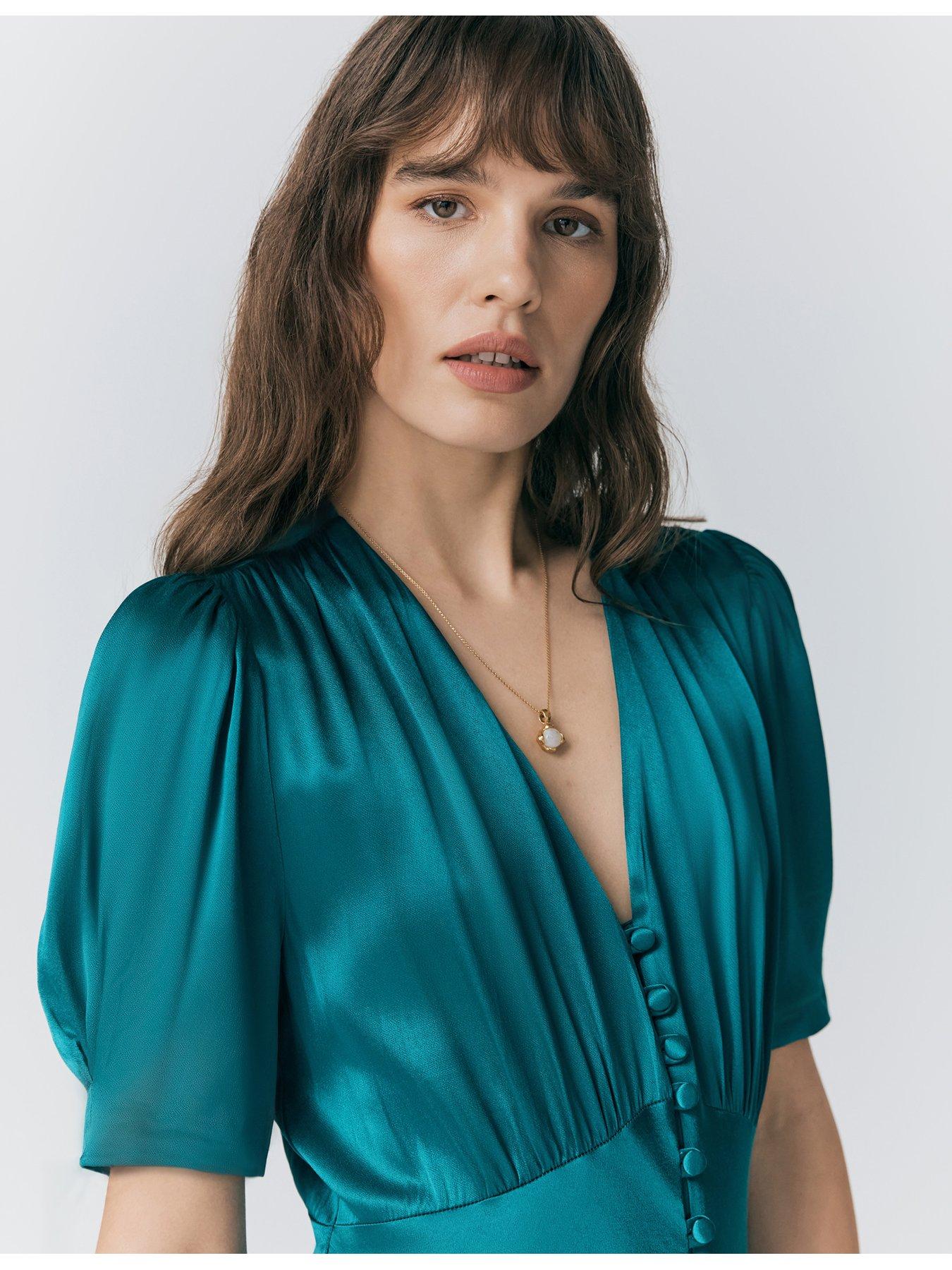 Ghost Madison Satin Button Through Dress - Emerald Sea | Littlewoods