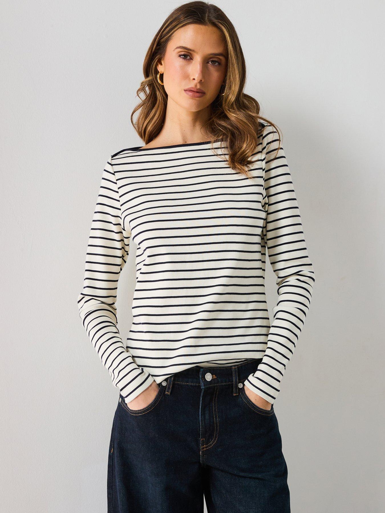  image of mango-striped-boat-neck-t-shirt-white