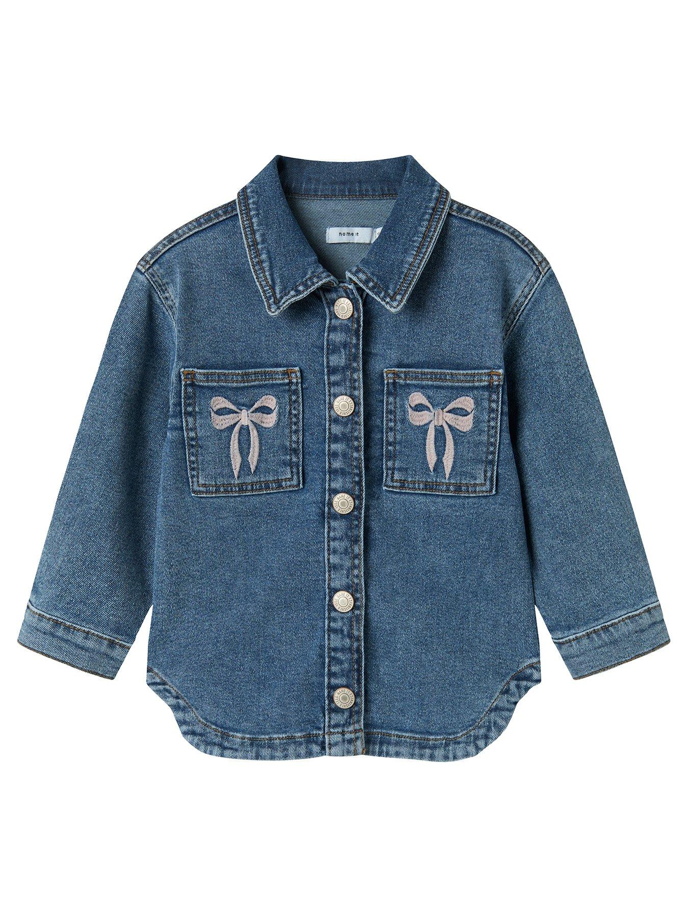 Image 1 of 3 of Name It Mini Girls Bow Embroidered Denim Jacket - Medium Blue Denim