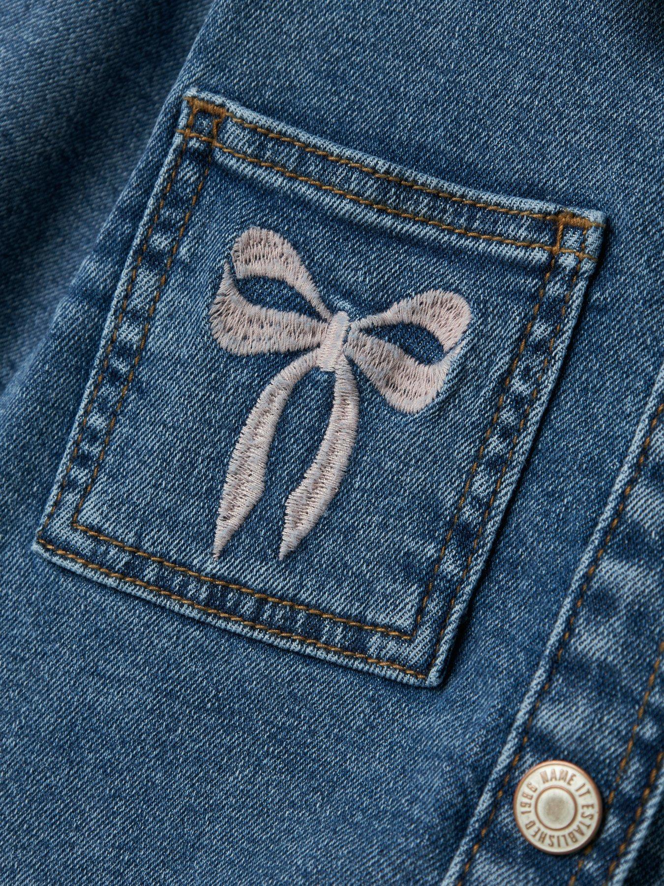 Image 3 of 3 of Name It Mini Girls Bow Embroidered Denim Jacket - Medium Blue Denim