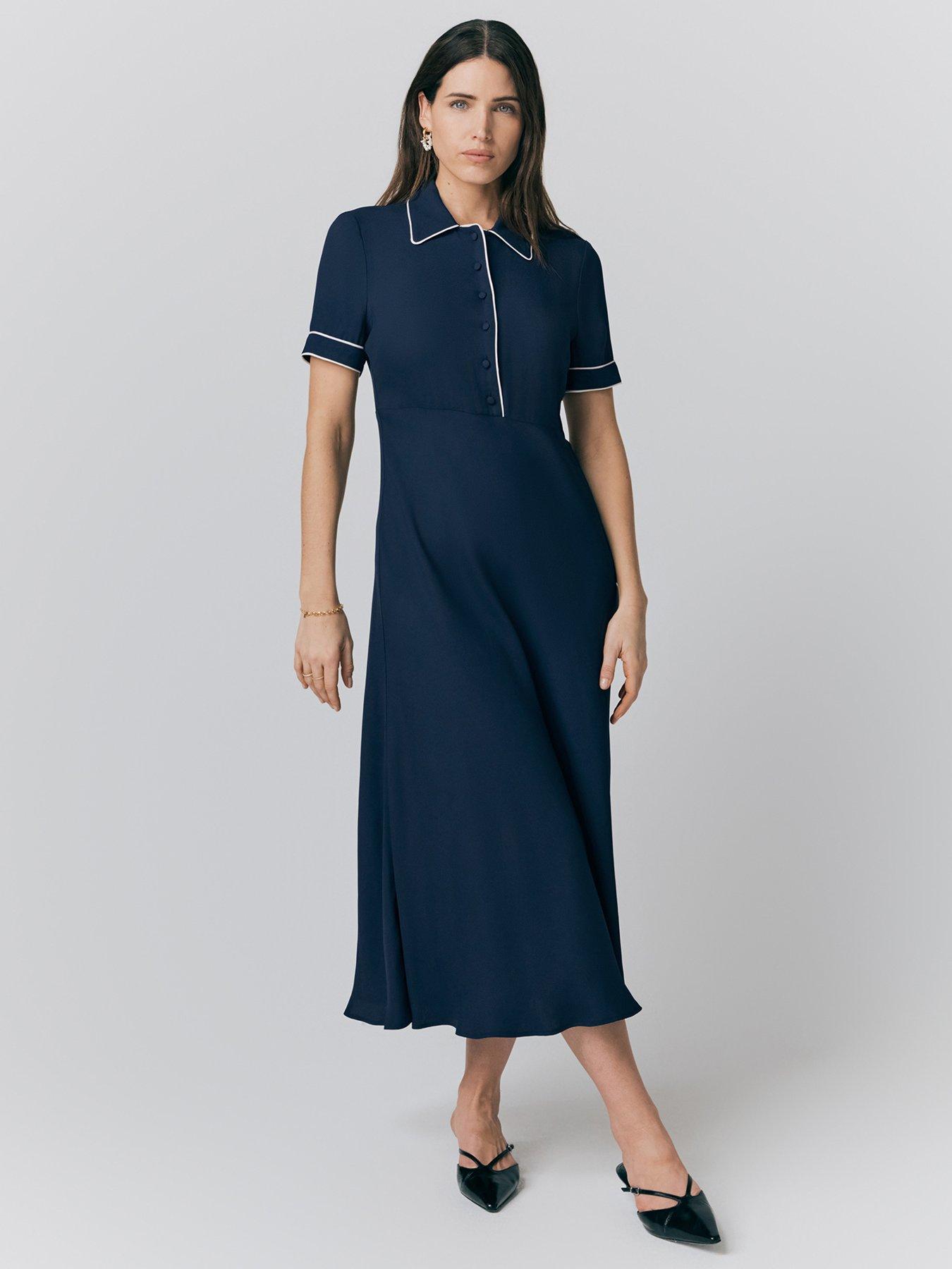 undefined Sophia Crepe Collared Midi Shirt Dress - Navy