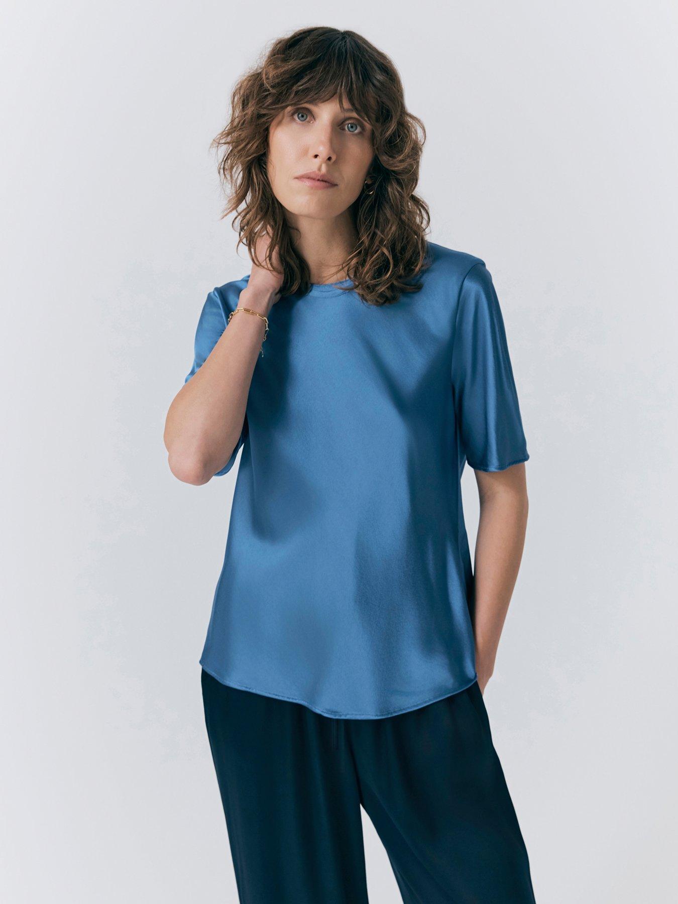 undefined Ivy Satin Short Sleeve T-shirt Top - Blue