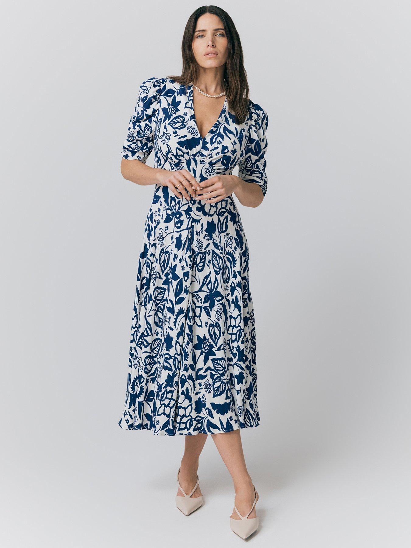 Ghost Madi Floral Crepe Midi Tea Dress - Navy Abstract Floral