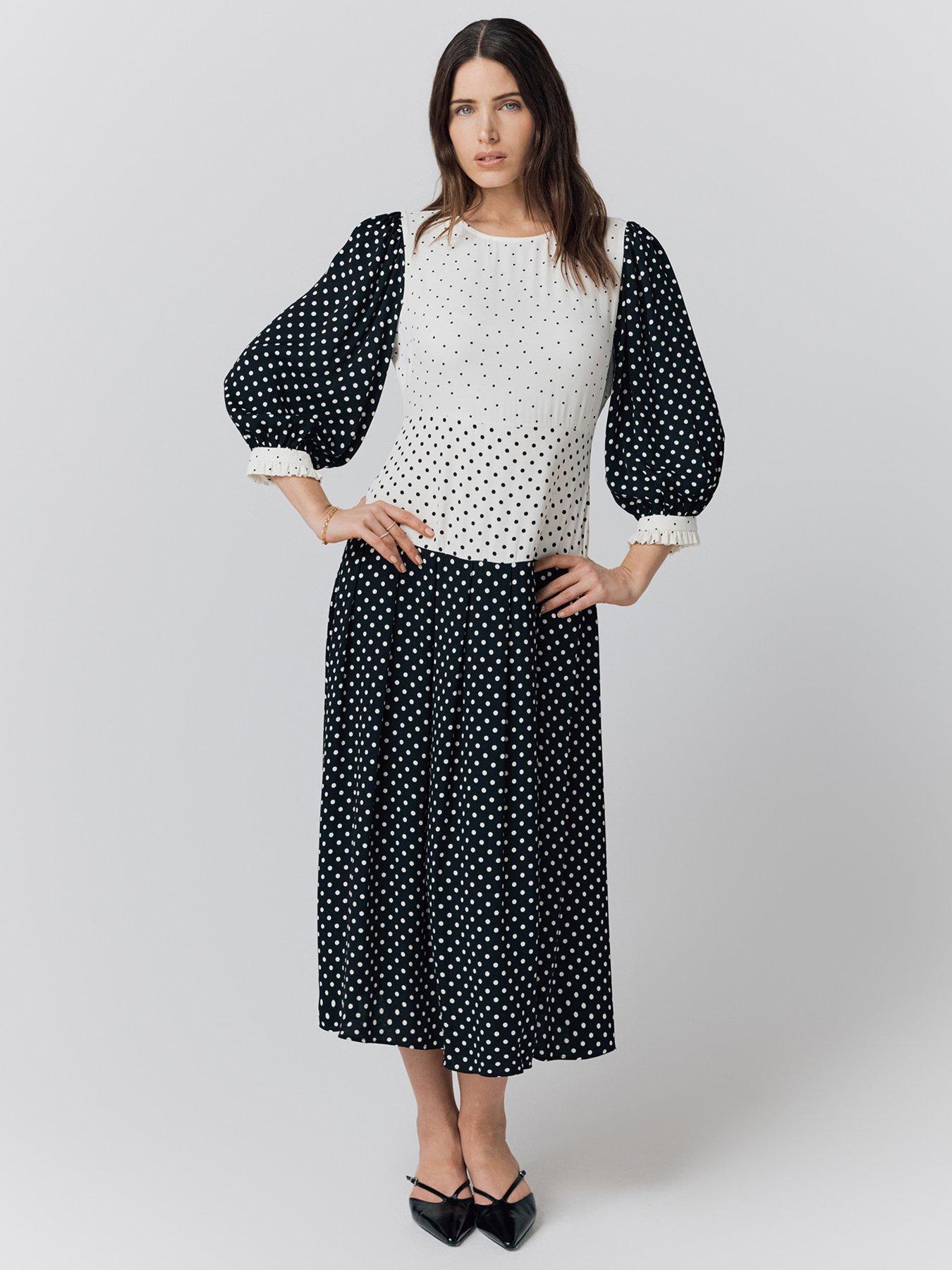 undefined Iris Heavy Crepe Polka Dots Midi Dress -  Black Contrast Dots