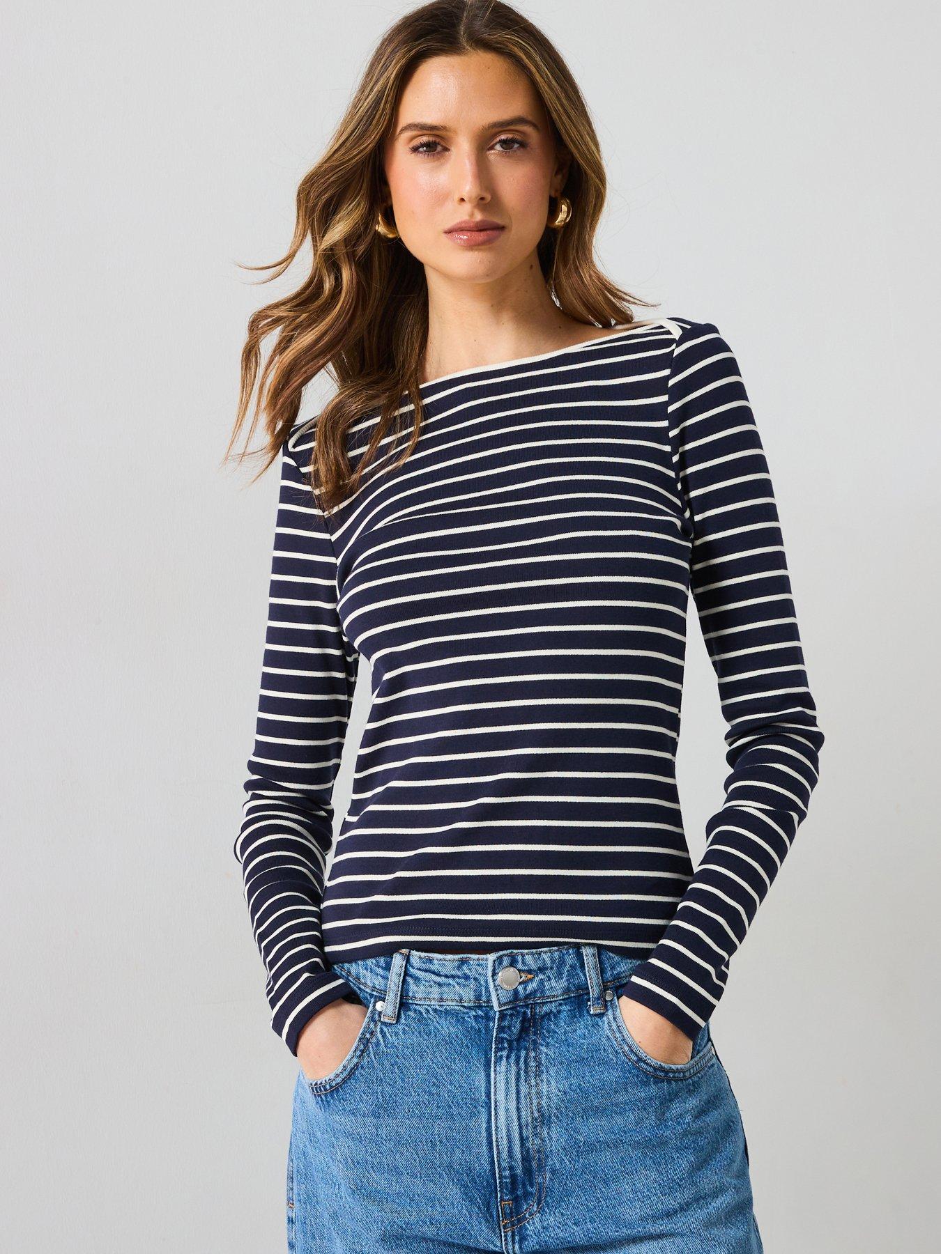 Mango Striped Boat Neck T Shirt - Navy