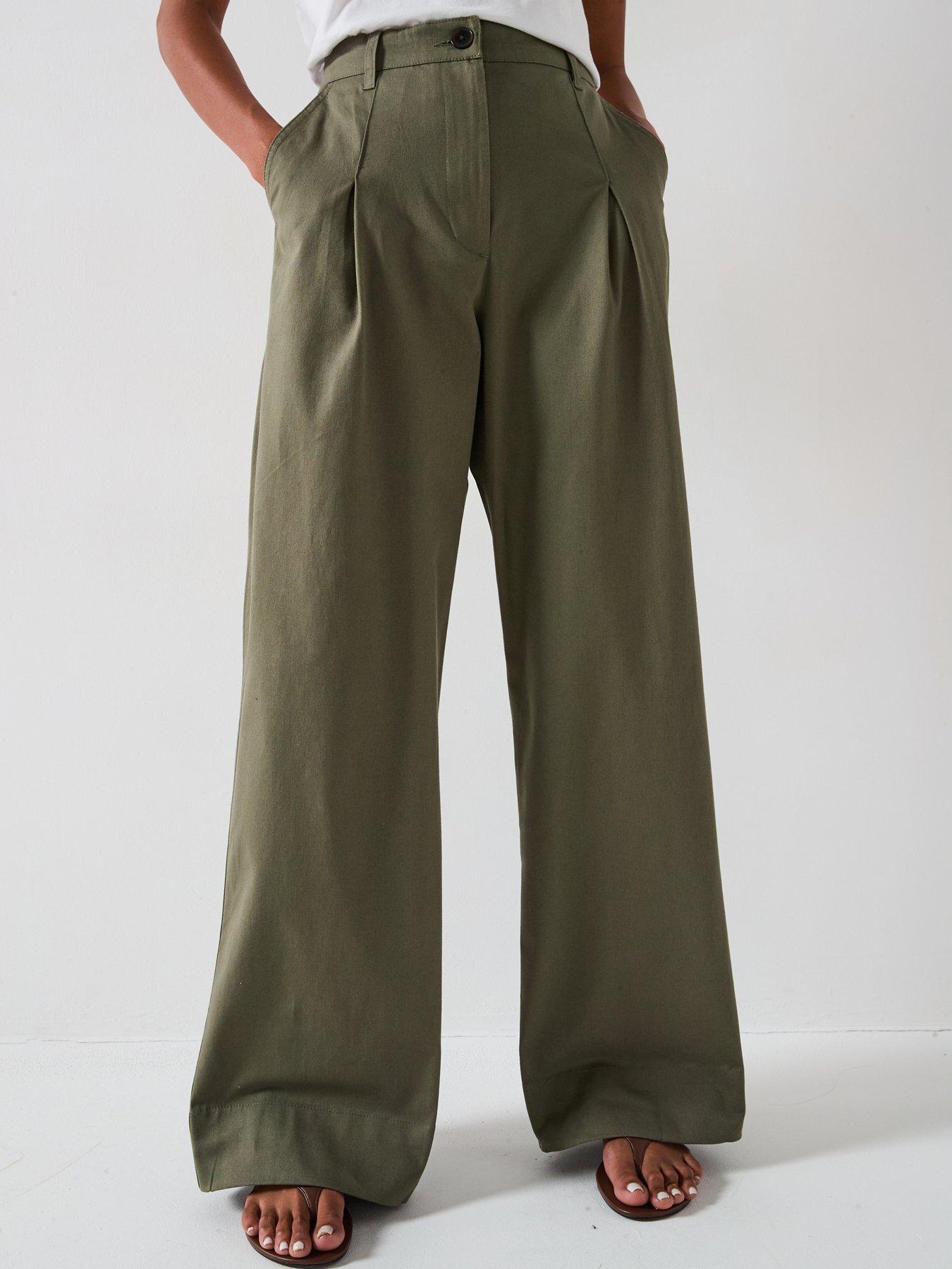 undefined Wide Leg Soft Cotton Trousers - Khaki