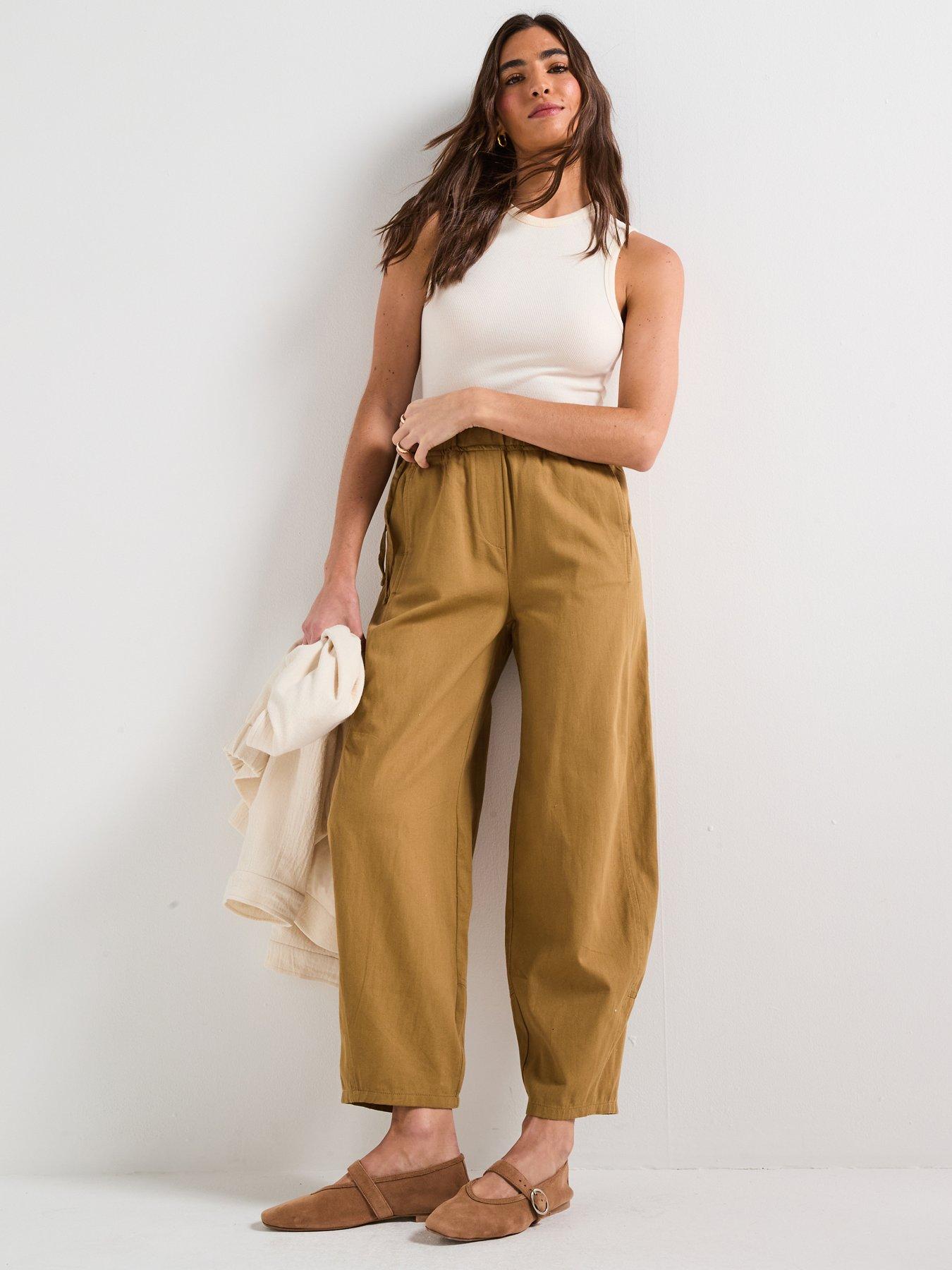 V by Very Cotton Soft Barrel Leg Trousers - Light Beige