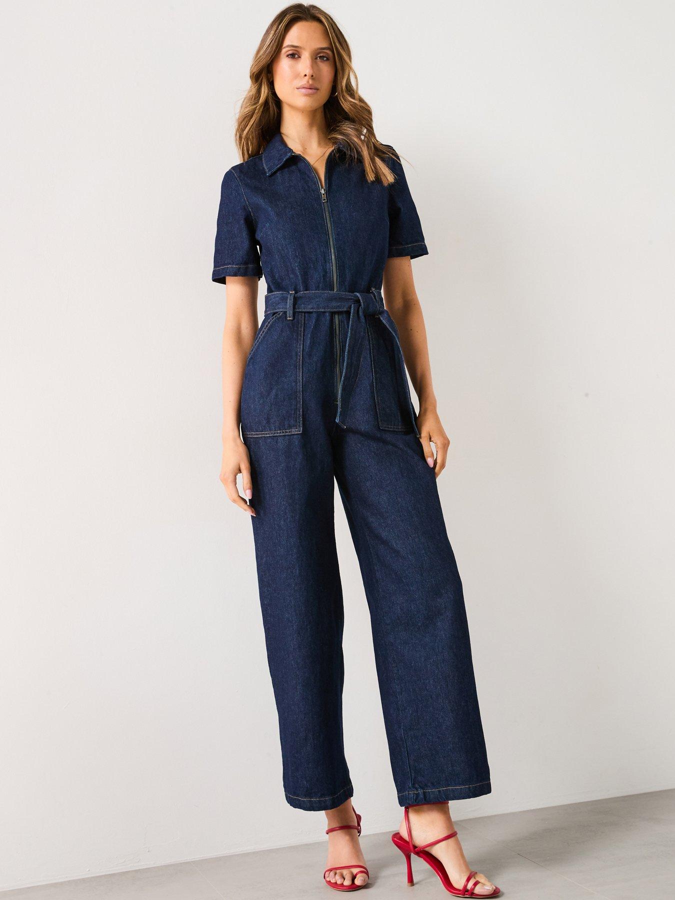  image of mango-short-sleeved-denim-jumpsuit