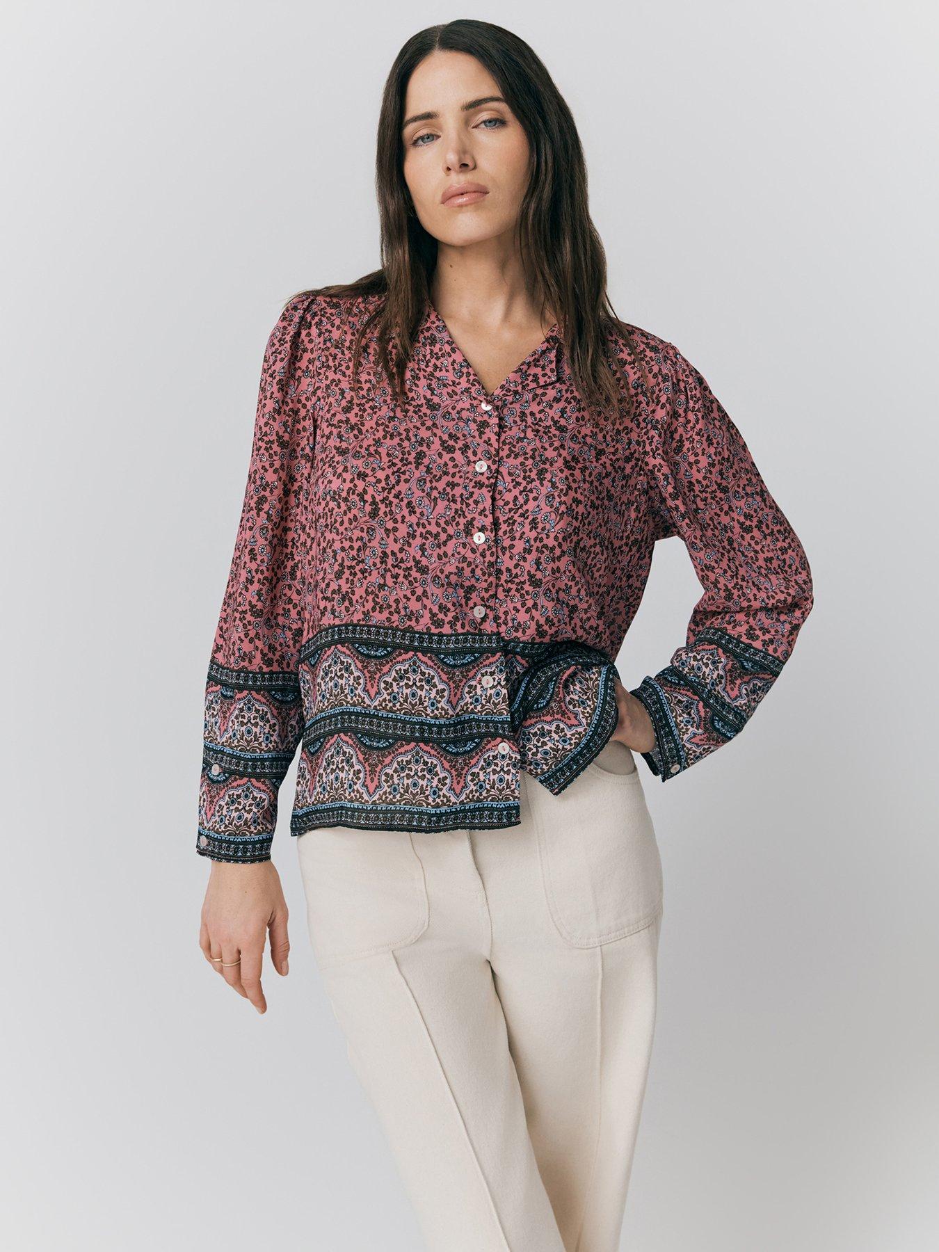  image of ghost-lana-border-print-button-through-blouse-pink-bandana-floral