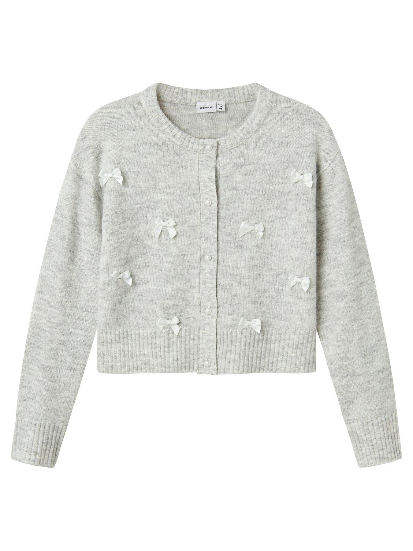 Image 1 of 3 of Name It Girls Bow Knitted Cardigan - Light Grey Melange