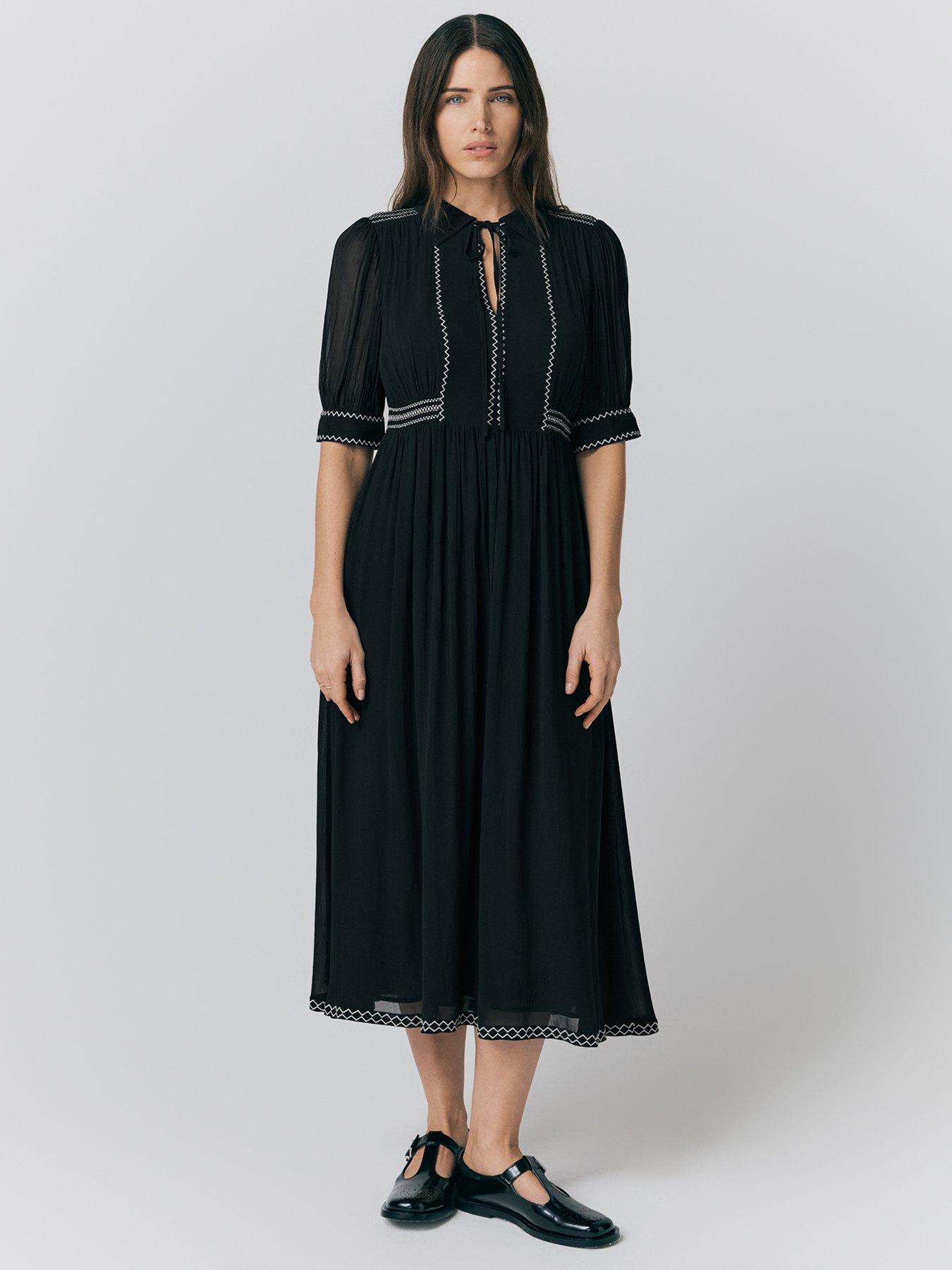 undefined Emma Embroidered Georgette Midi Dress - Black
