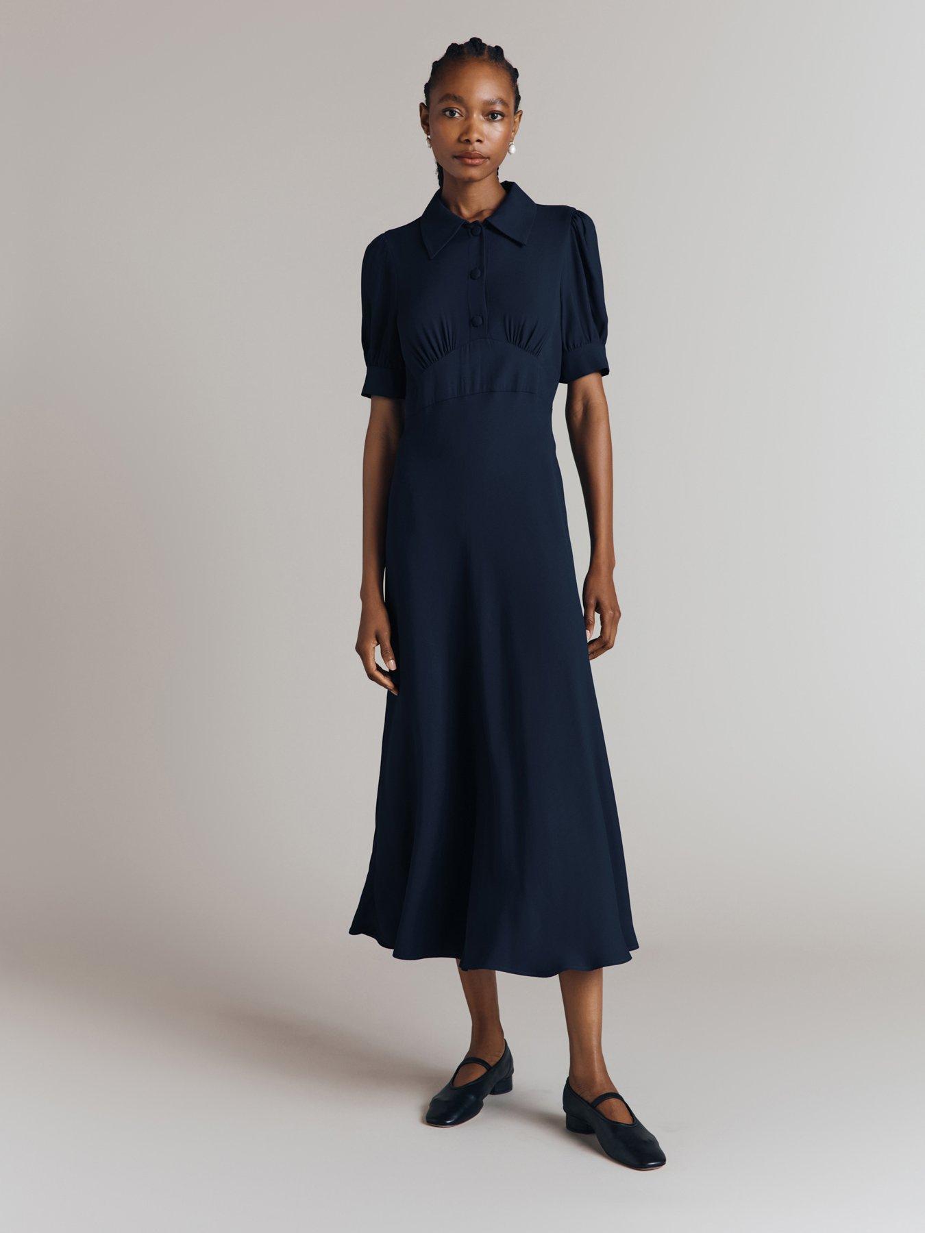 undefined Wilma Crepe Midi Tea Dress - Navy