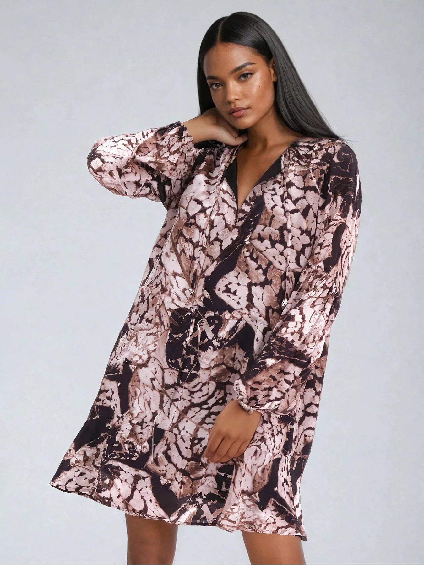 undefined Mystic Animal Print Frill Hem Tunic Dress  - Beige