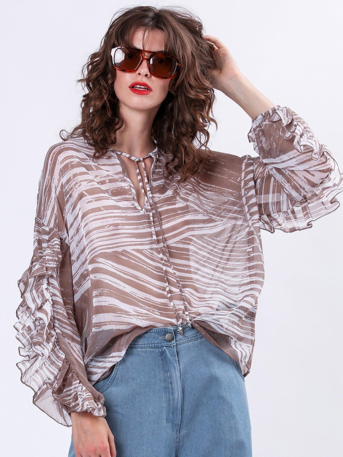  image of religion-callisto-frill-long-sleeve-oversized-blouse-beige