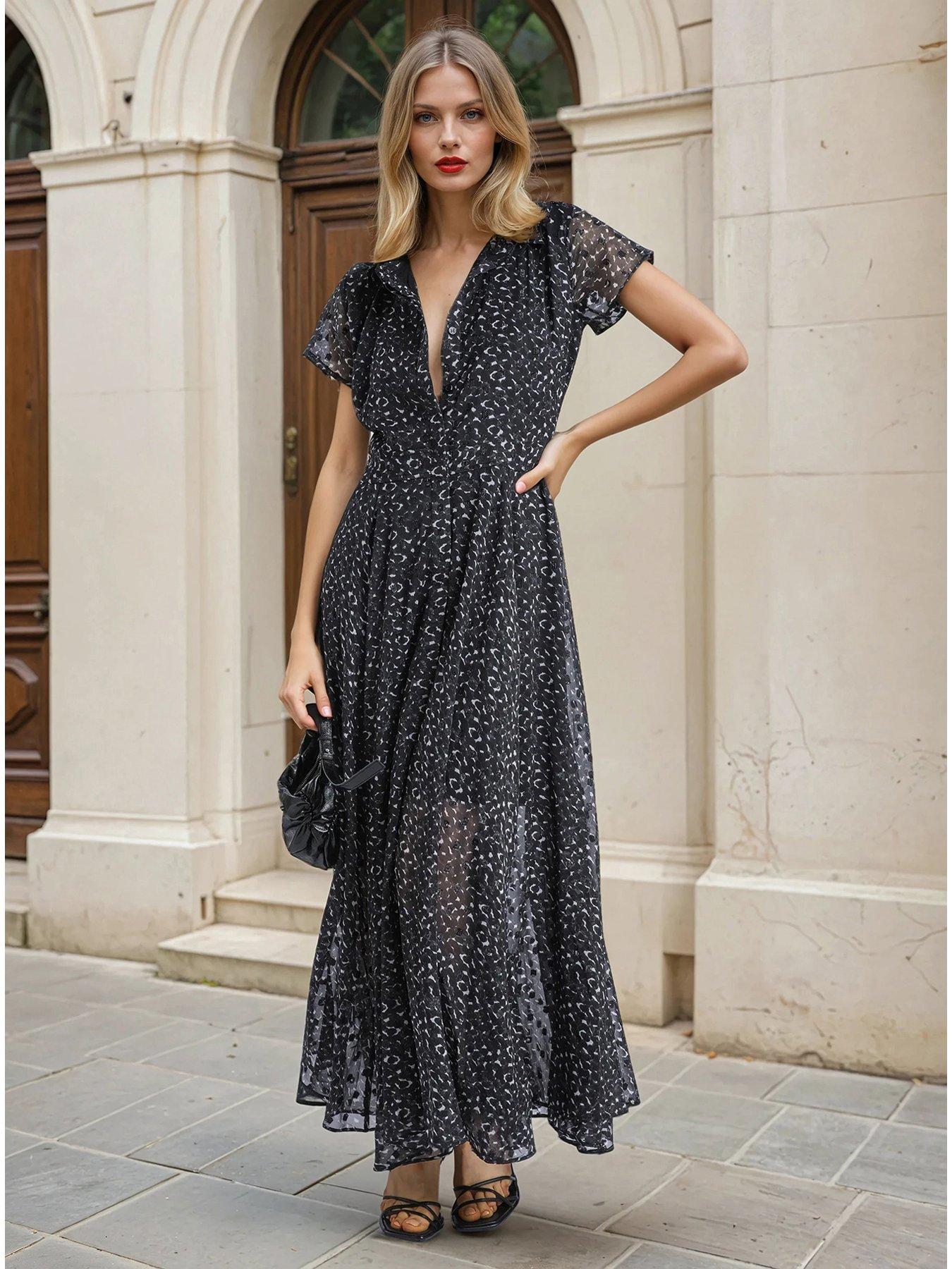 Religion Decoy Full Skirt Polka Dot Maxi Dress - Black