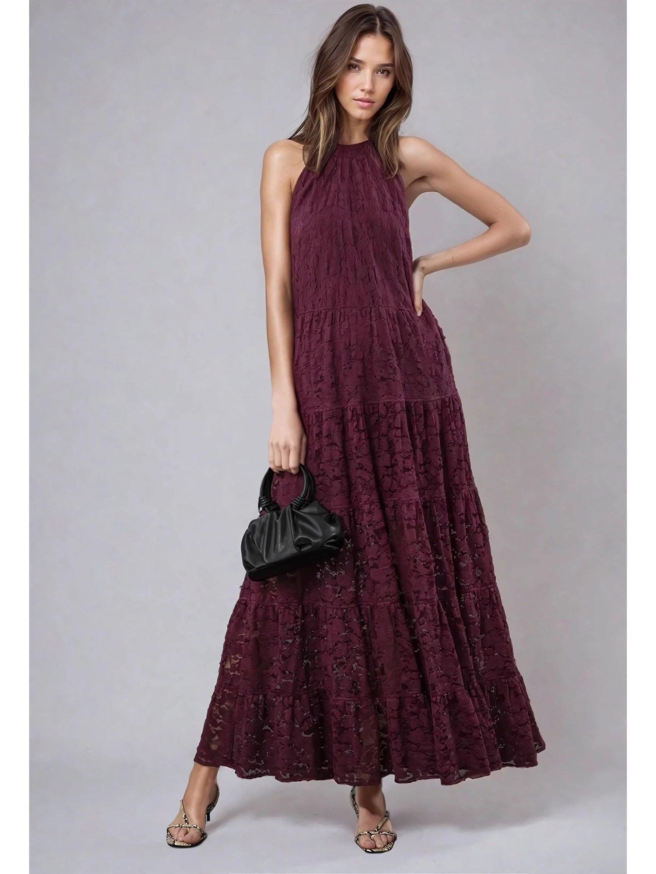 undefined Eileen Tiered Maxi Lace Dress - Red