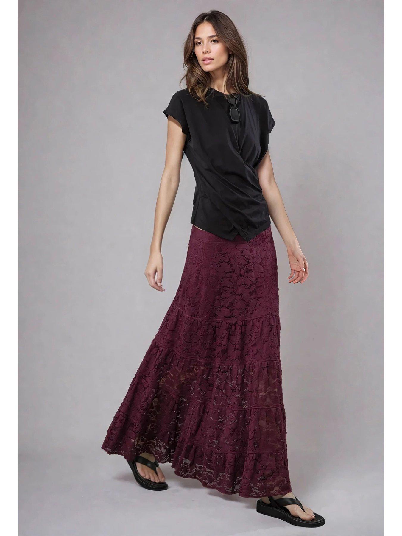 religion-eileen-tiered-maxi-lace-skirt-red