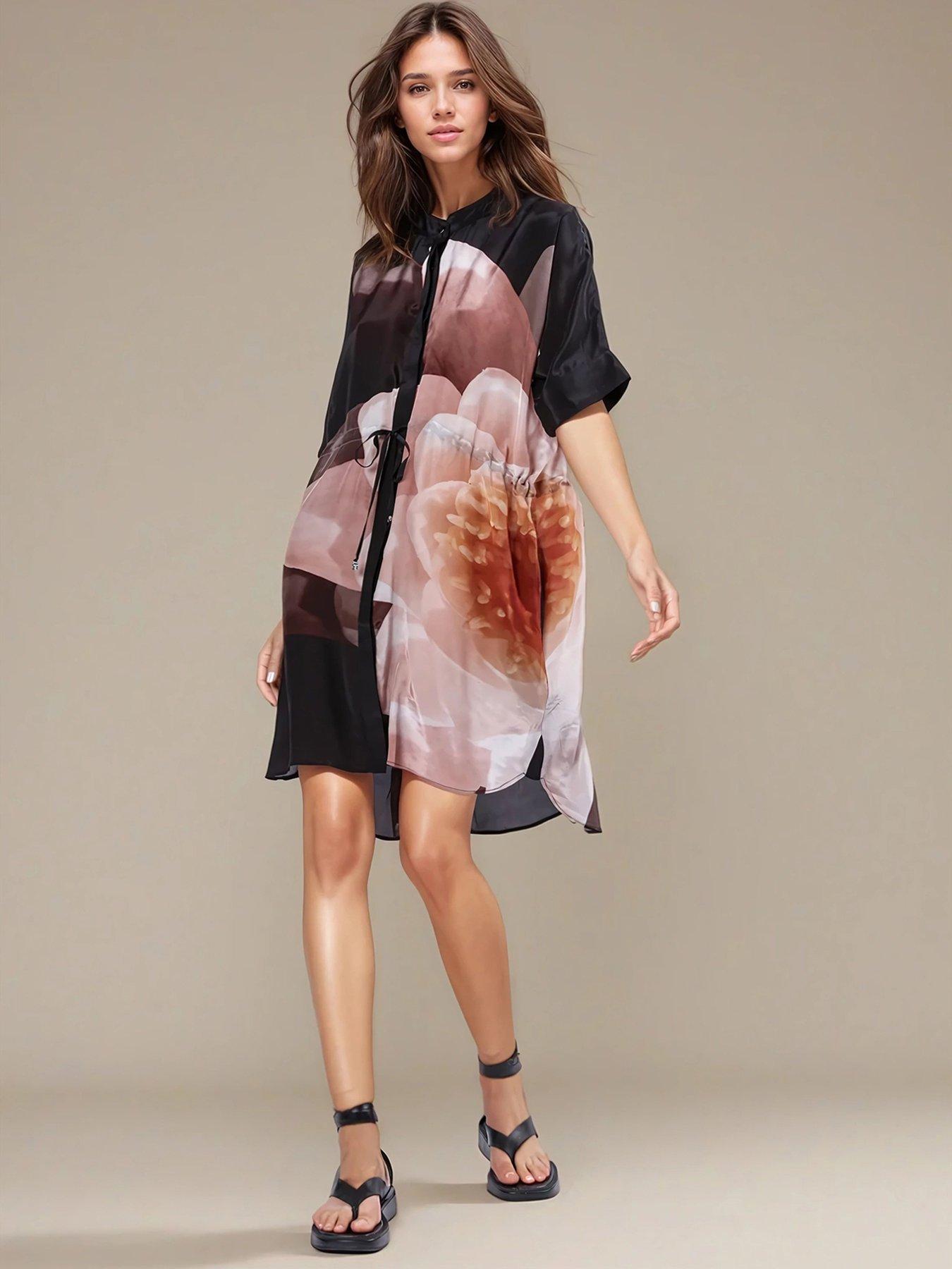 undefined Jade Floral Placement Tunic Dress - Beige