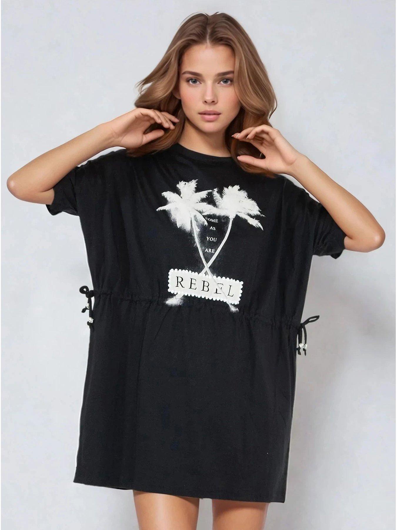 undefined Topaz Jersey Beaded Rebel Graphic Tunic Dress  - Black