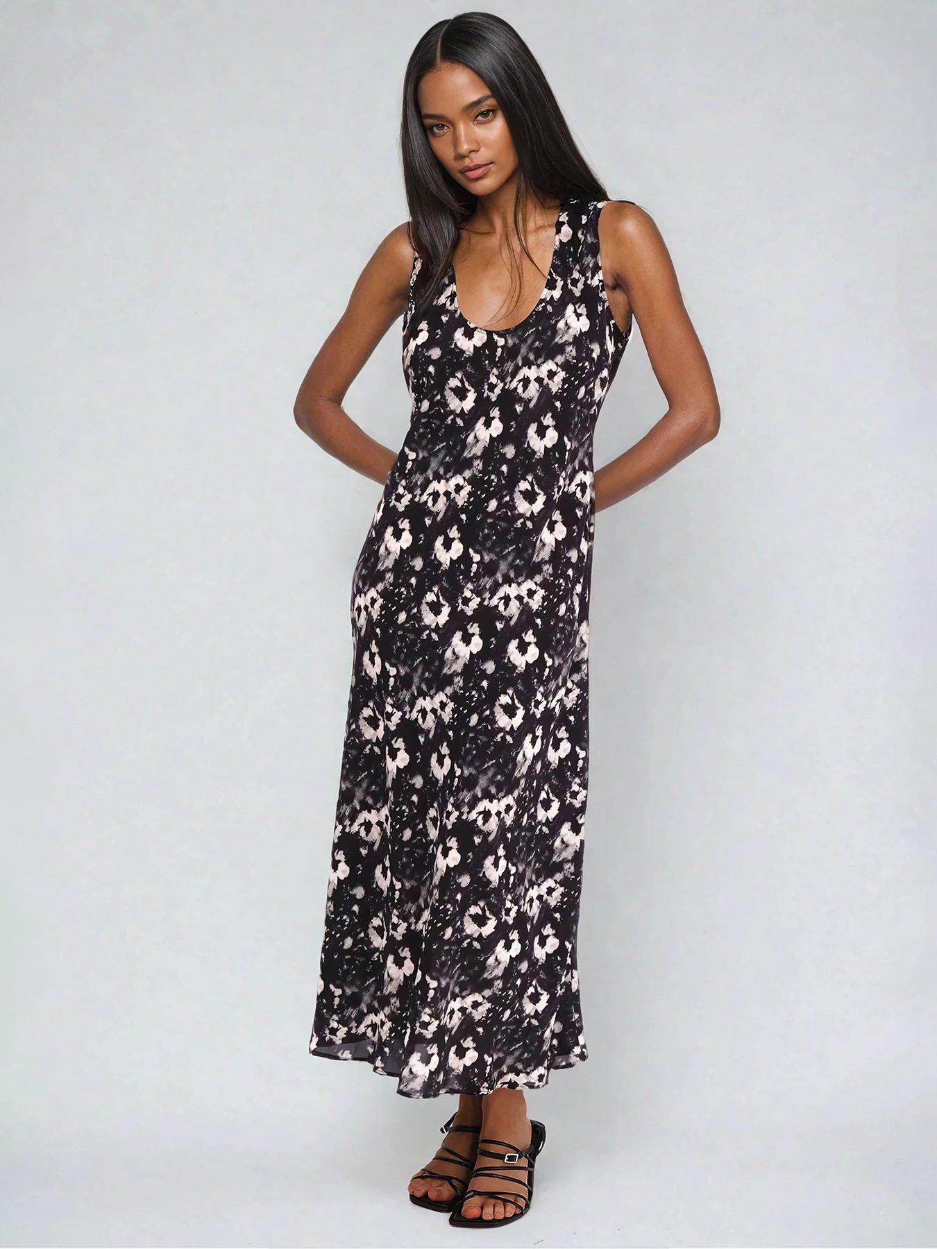 undefined Element Bias Cut Maxi Slip Dress In Dark Floral - Black