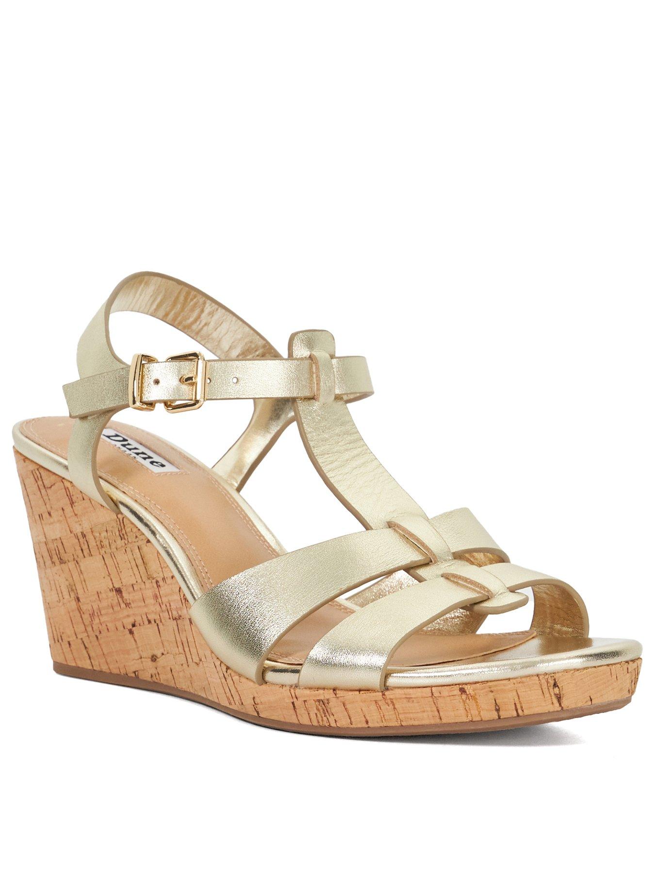  image of dune-london-wide-fit-kastro-plaited-cork-leather-wedge-sandals-gold