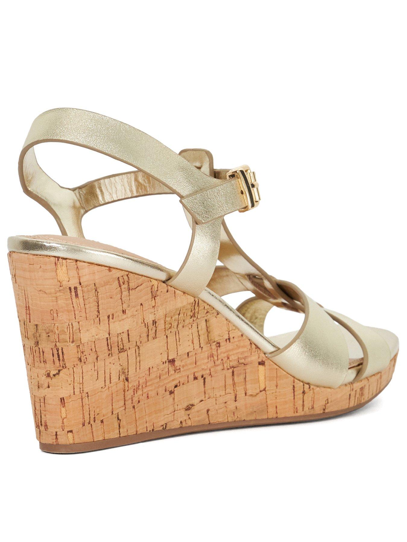  image of dune-london-wide-fit-kastro-plaited-cork-leather-wedge-sandals-gold