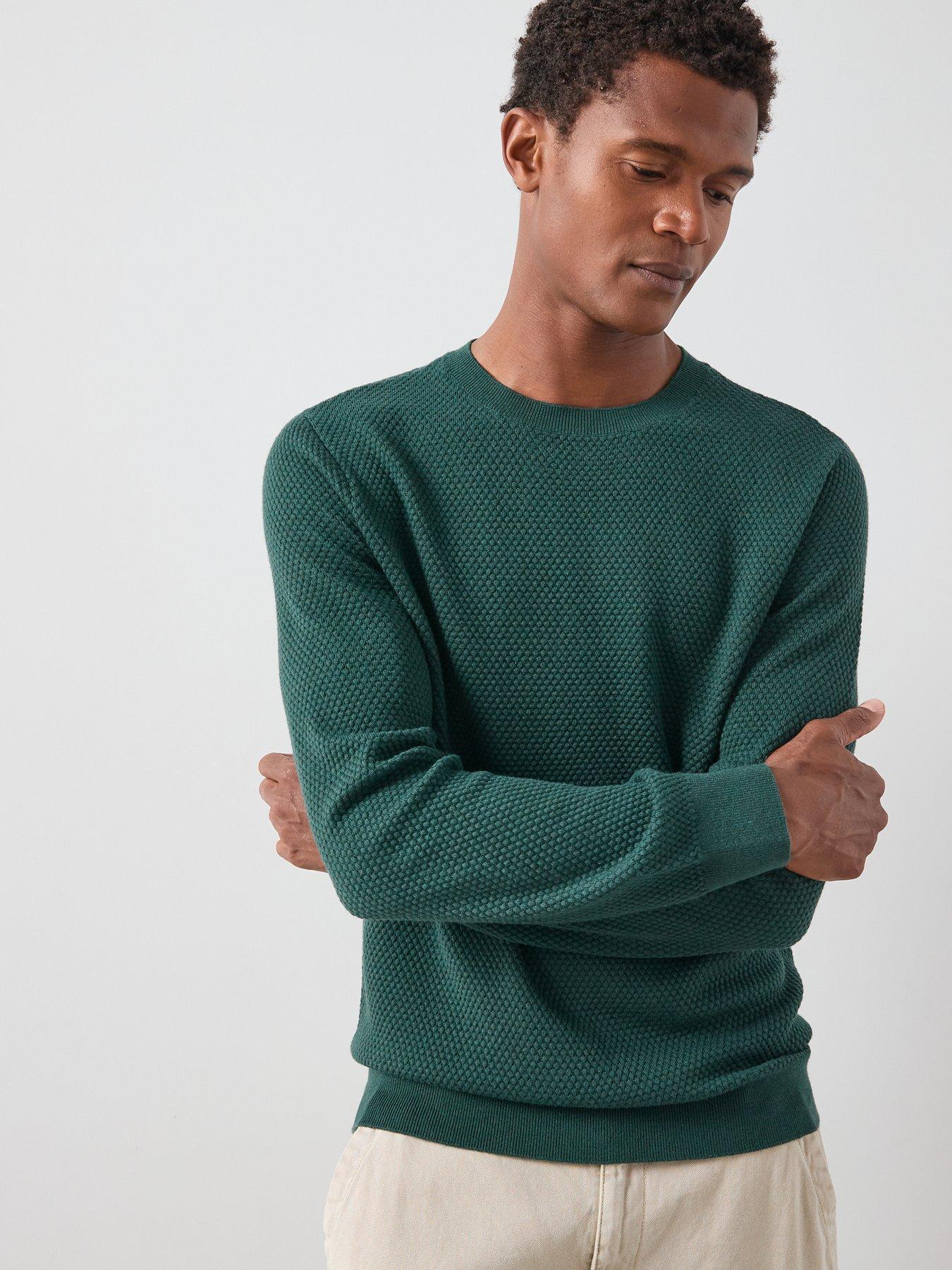 undefined Textured Crew Neck Jumper with Wool  - Dark Green