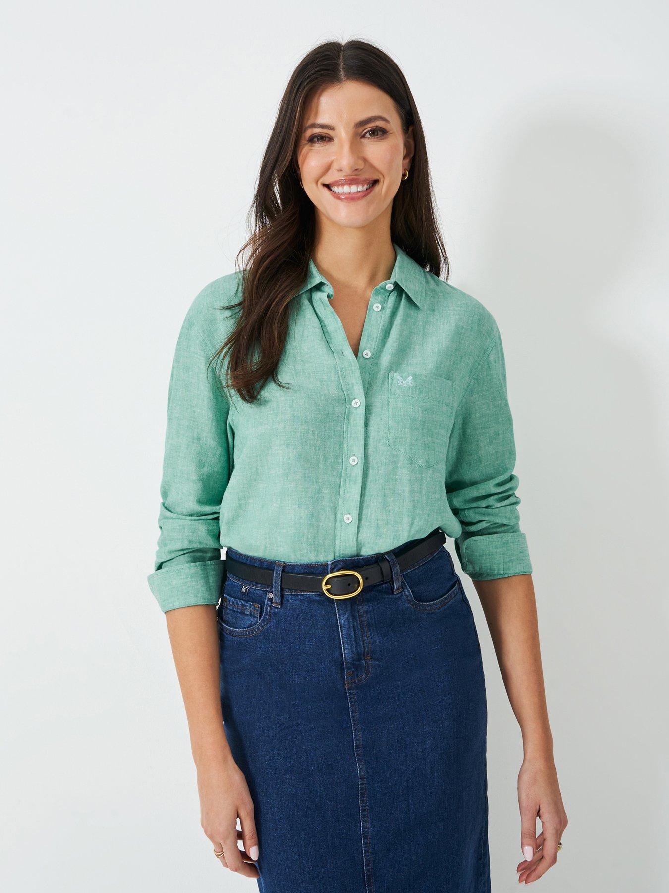 front image of crew-clothing-linen-blend-shirt-blue