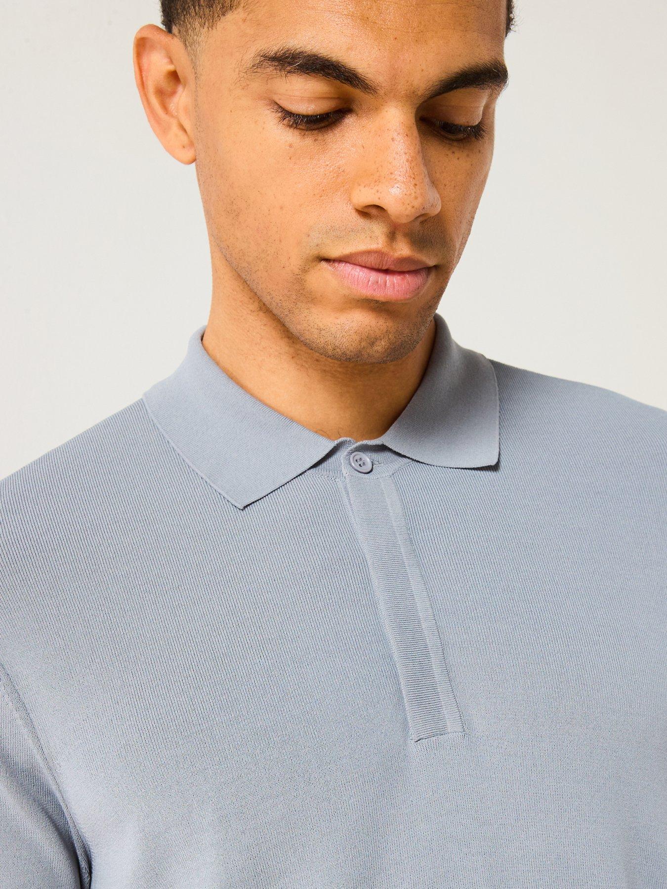 Image 4 of 6 of Very Man Knitted Rib Short Sleeve Polo Top - Light Blue