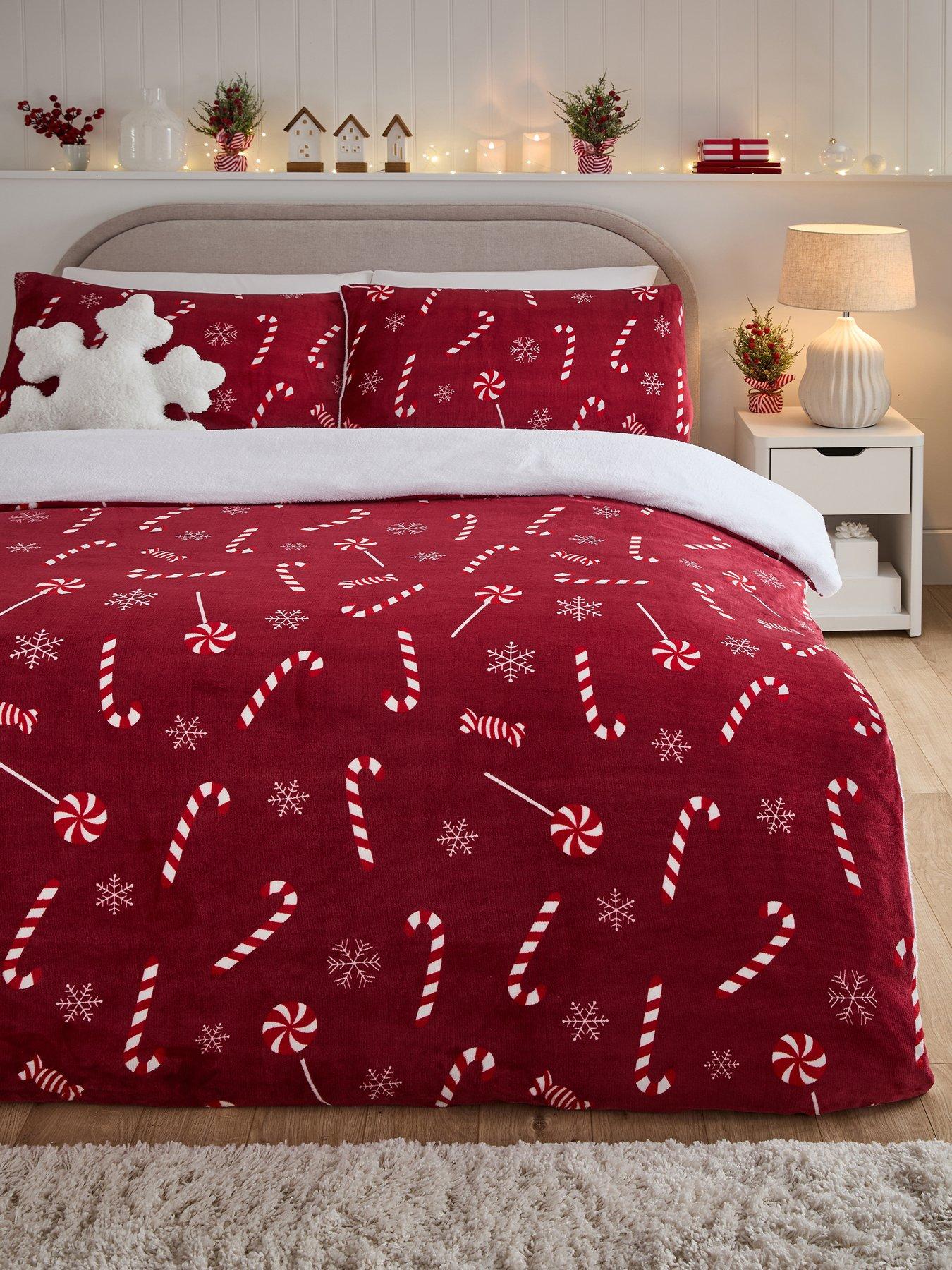 very-home-candy-cane-printed-fleece-christmas-duvet-cover-set