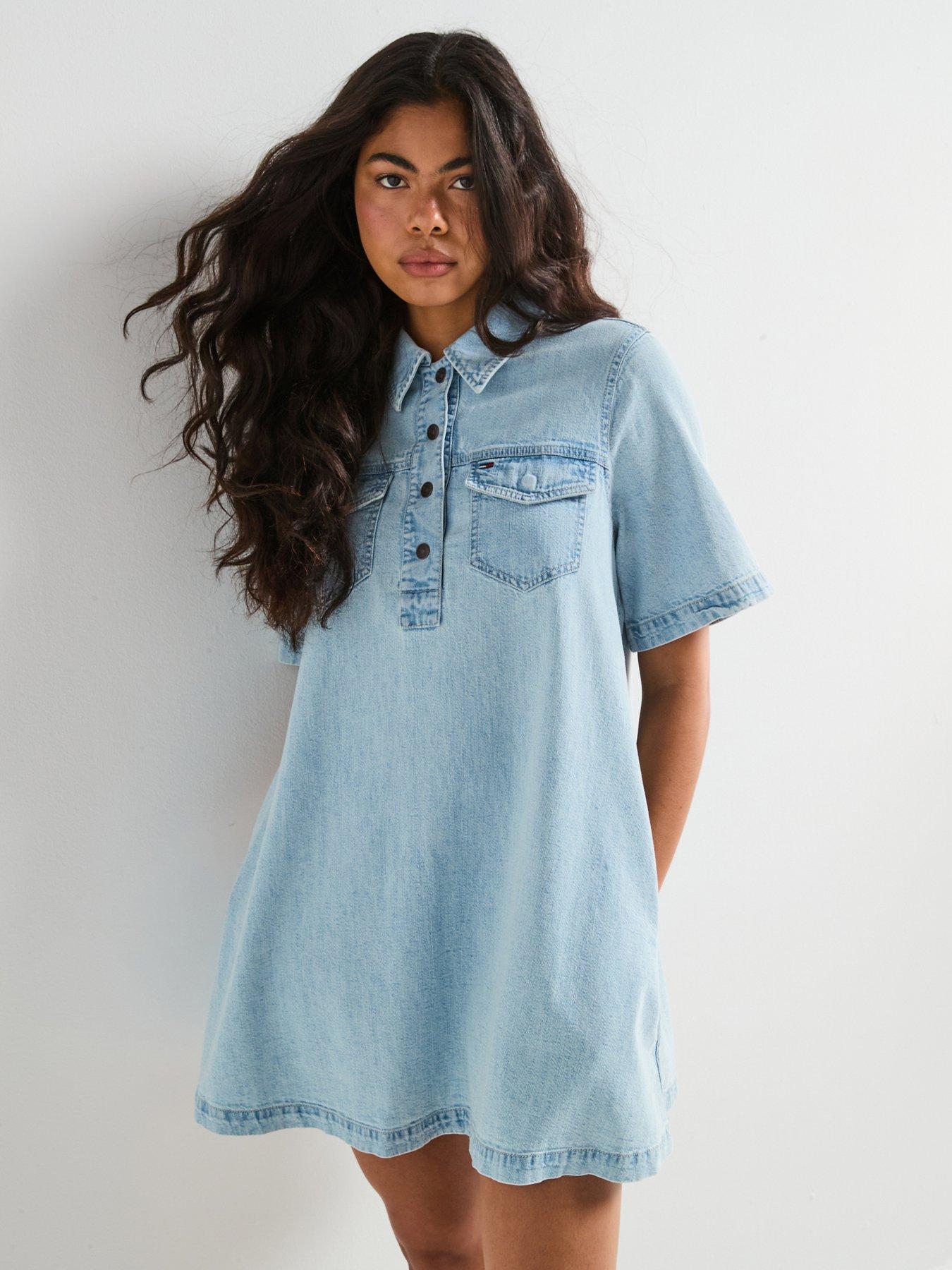 mother of bride dress a line Women's Piece Dyed Denim Dress with Frayed Hem – Wash Lab – washlabshop