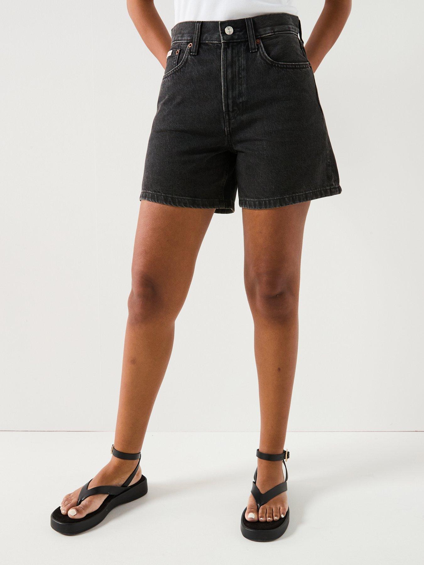 undefined High Rise A-Line Denim Shorts - Black