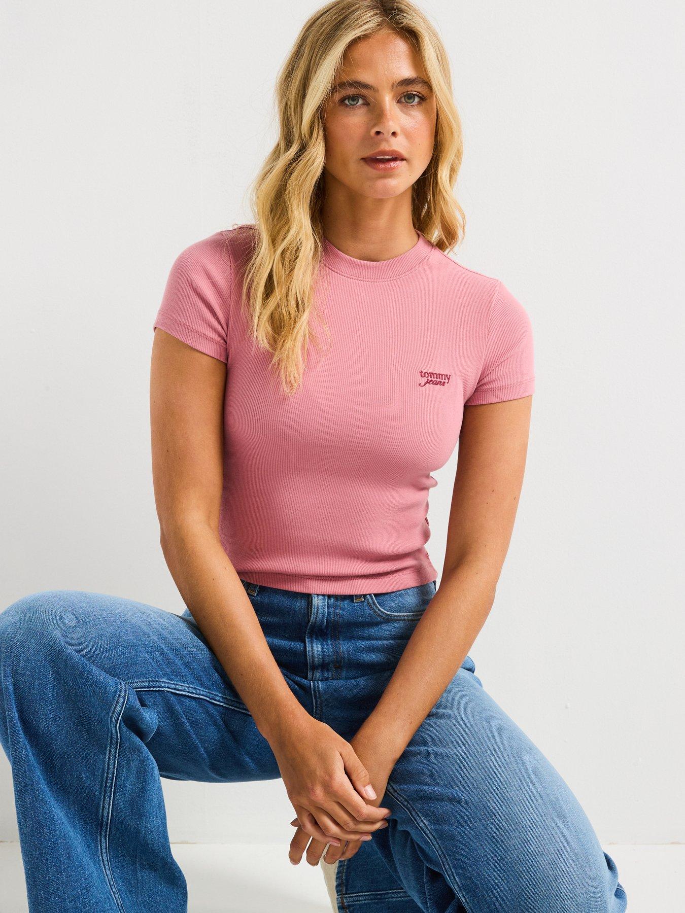 Image 5 of 6 of Tommy Jeans Slim Script T-Shirt - Pink