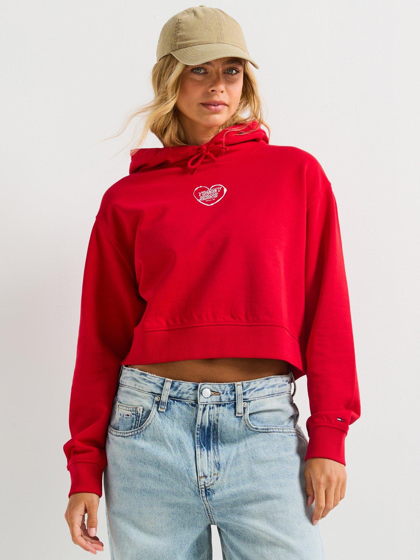 Image 1 of 6 of Tommy Jeans Relax Crop Heart Hoodie - Red