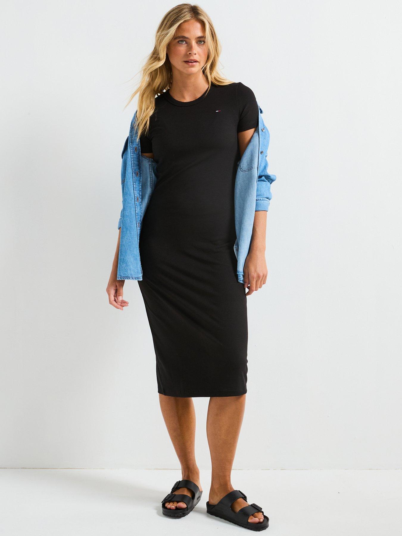 Image 3 of 6 of Tommy Jeans Rib Bodycon Midi Dress - Black