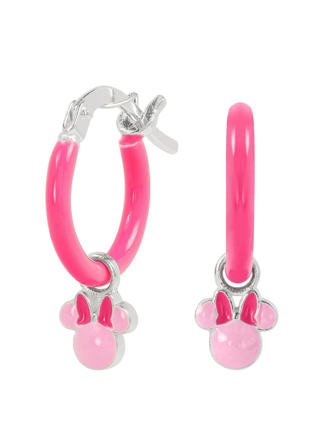 Disney Sterling Silver 925 Minnie Mouse Pink Enamel Huggie Earrings