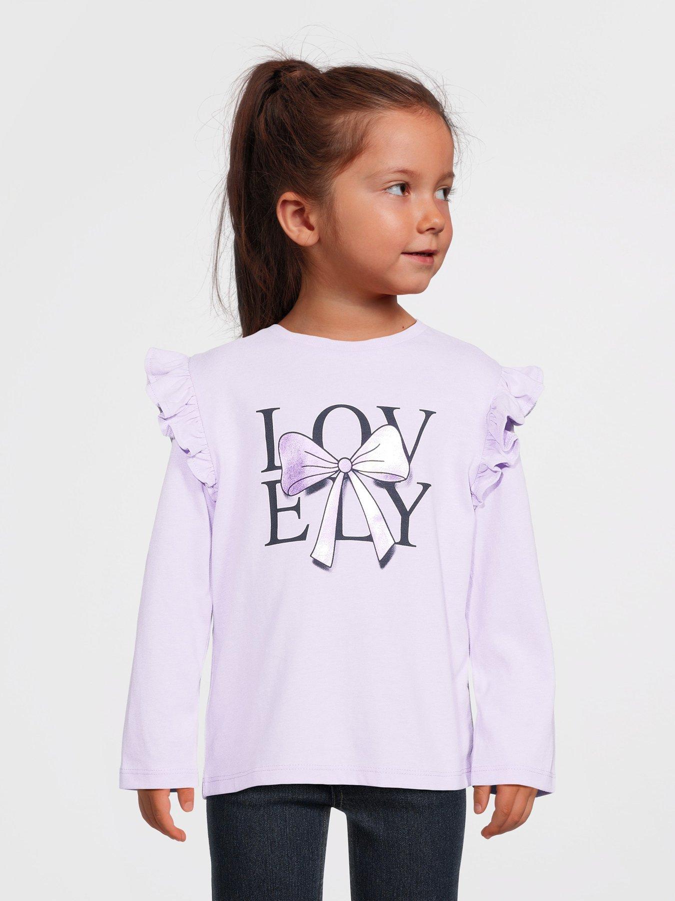 undefined Girls Foil Bow Print Long Sleeve Frill Shoulder Tshirt