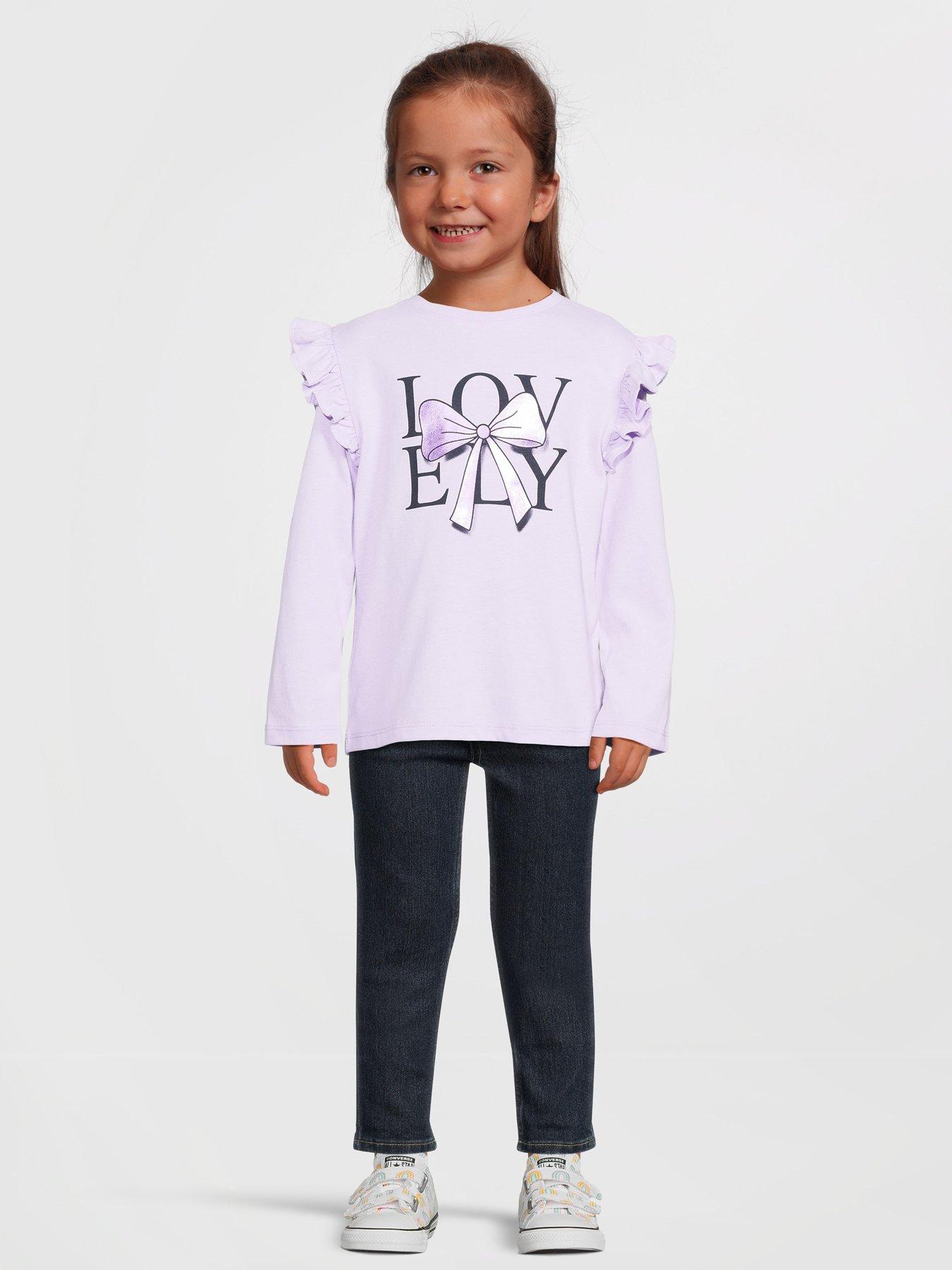 Image 3 of 5 of Mini V by Very Girls Foil Bow Print Long Sleeve Frill Shoulder Tshirt