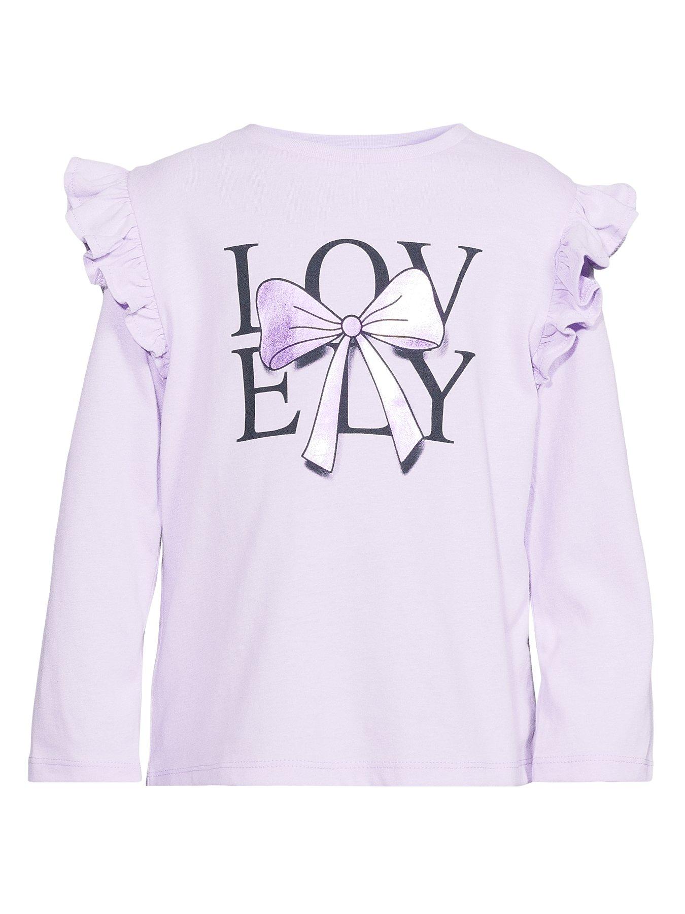 Image 5 of 5 of Mini V by Very Girls Foil Bow Print Long Sleeve Frill Shoulder Tshirt
