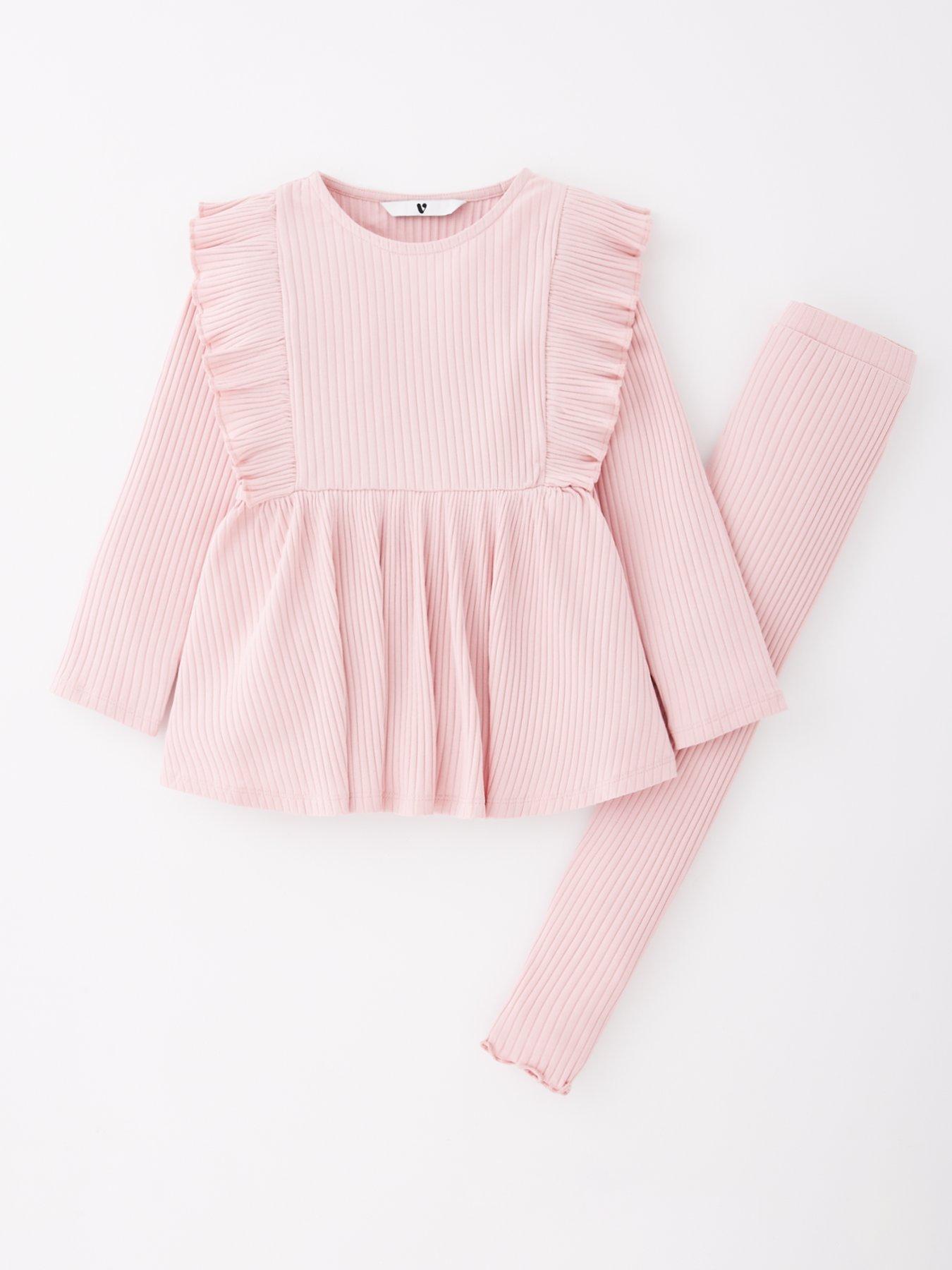 undefined Girls Rib Peplum Hem And Frill Shoulder Long Sleeve Top And Legging Set - Pink