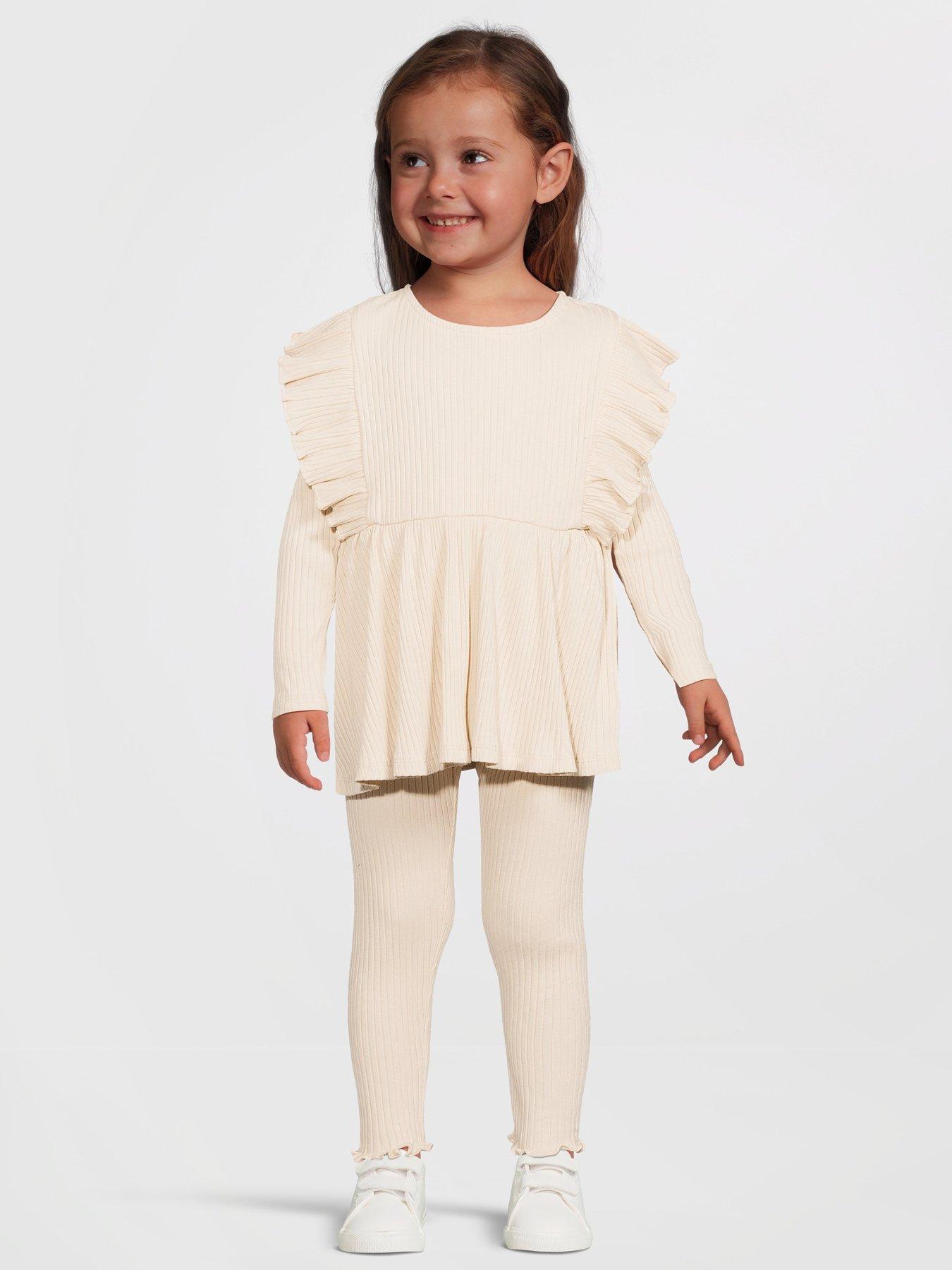 undefined Girls Rib Peplum Hem Frill Shoulder Long Sleeve Top and Legging Set - Cream