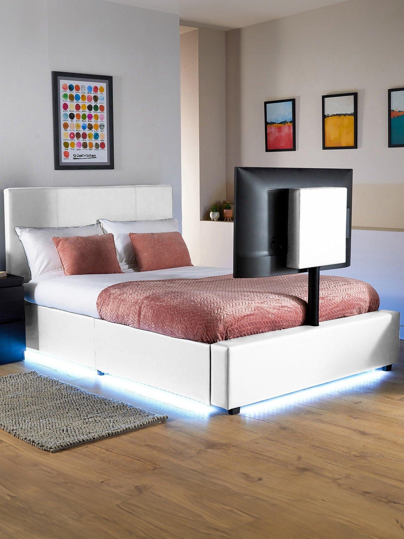 XR Living Ava Upholstered TV Bed with Under Bed LED Lighting - fits up to 55 inch TV – White