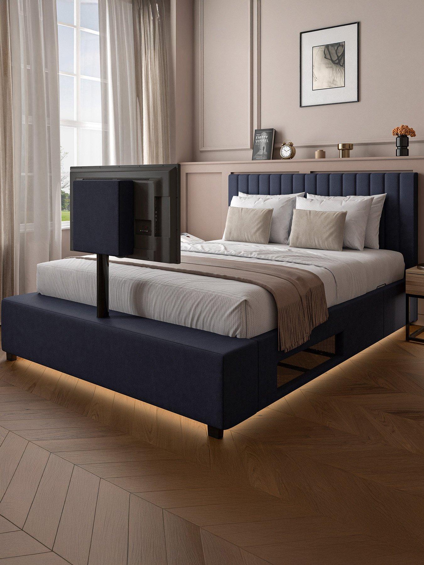 XR Living Maisie Upholstered Velvet Ottoman TV Bed with Under Frame LED Lights - Navy