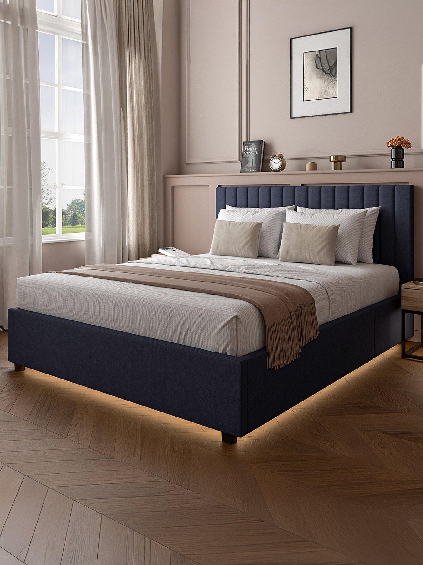 XR Living Maisie Velvet Ottoman Bed with Under Frame LED Lights – Navy